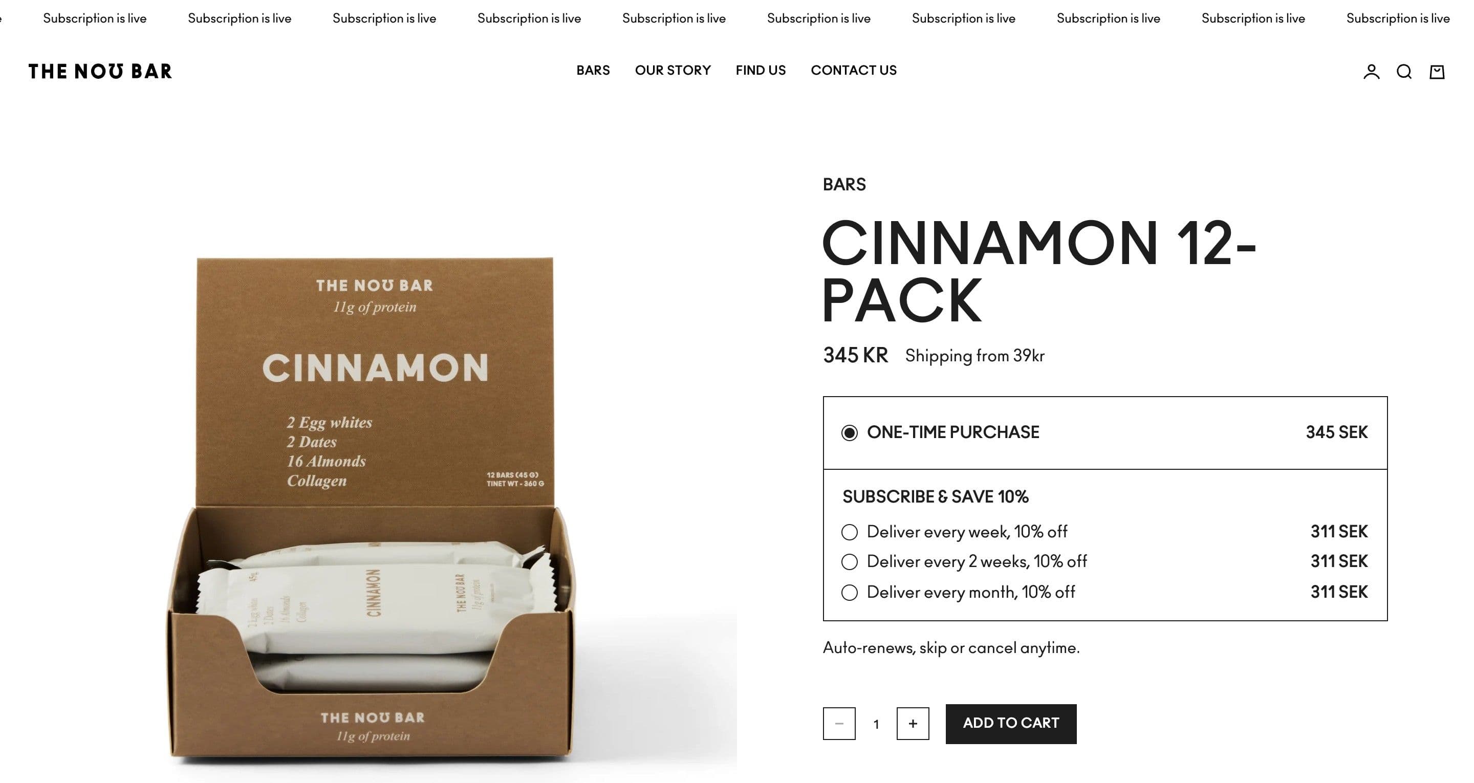 The cinnamon 12-pack product page on thenobar.com, the open box beside price and subscription options