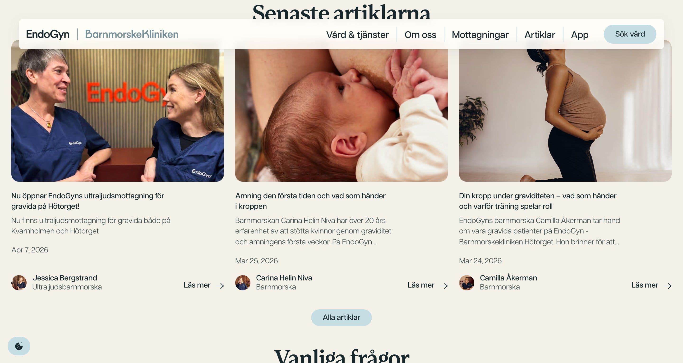 The latest articles on barnmorskekliniken.se, cards with two midwives, a breastfeeding newborn and a pregnant woman