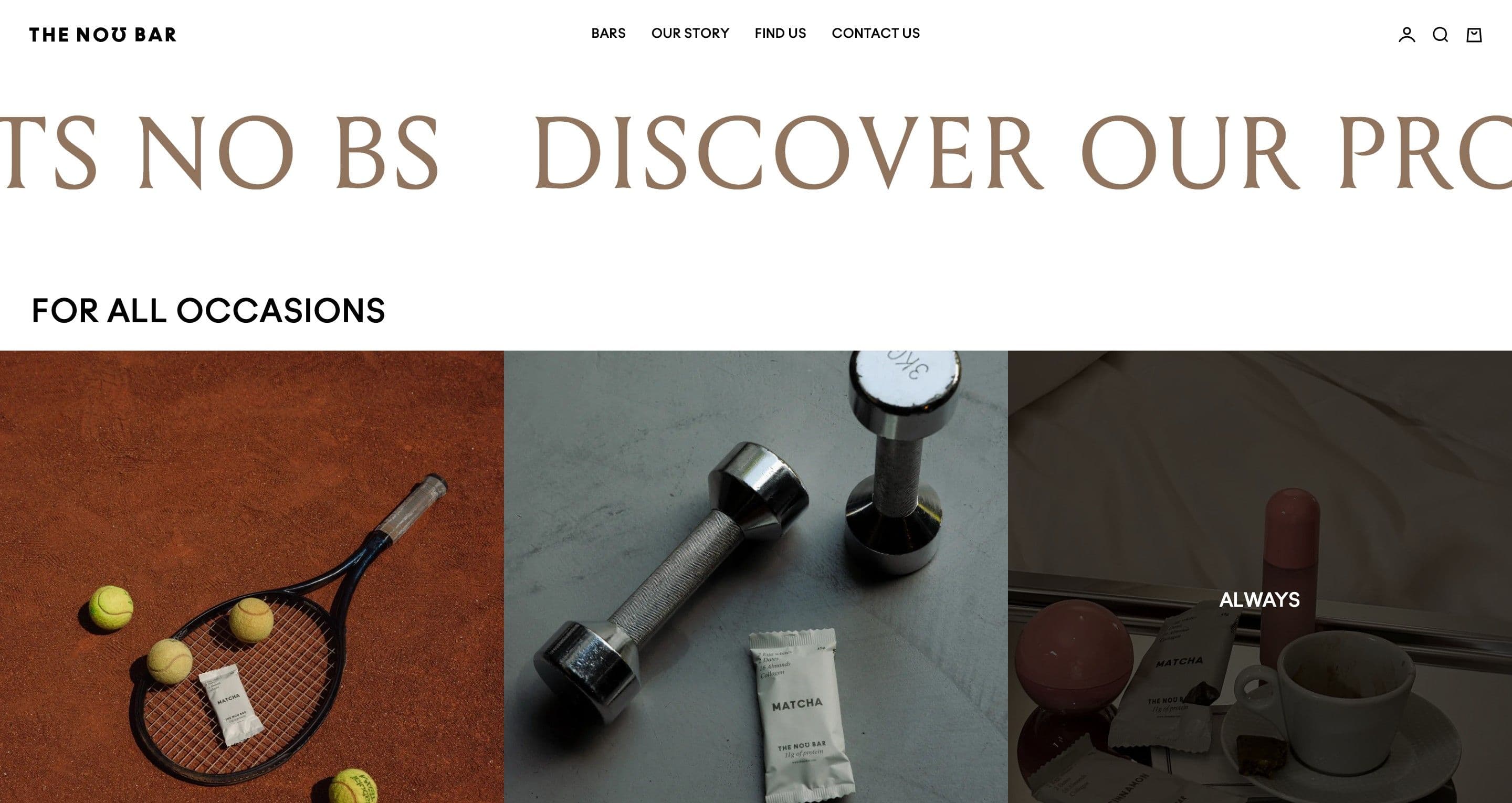 The for-all-occasions section on thenobar.com, bars beside a tennis racket, dumbbells and a coffee cup