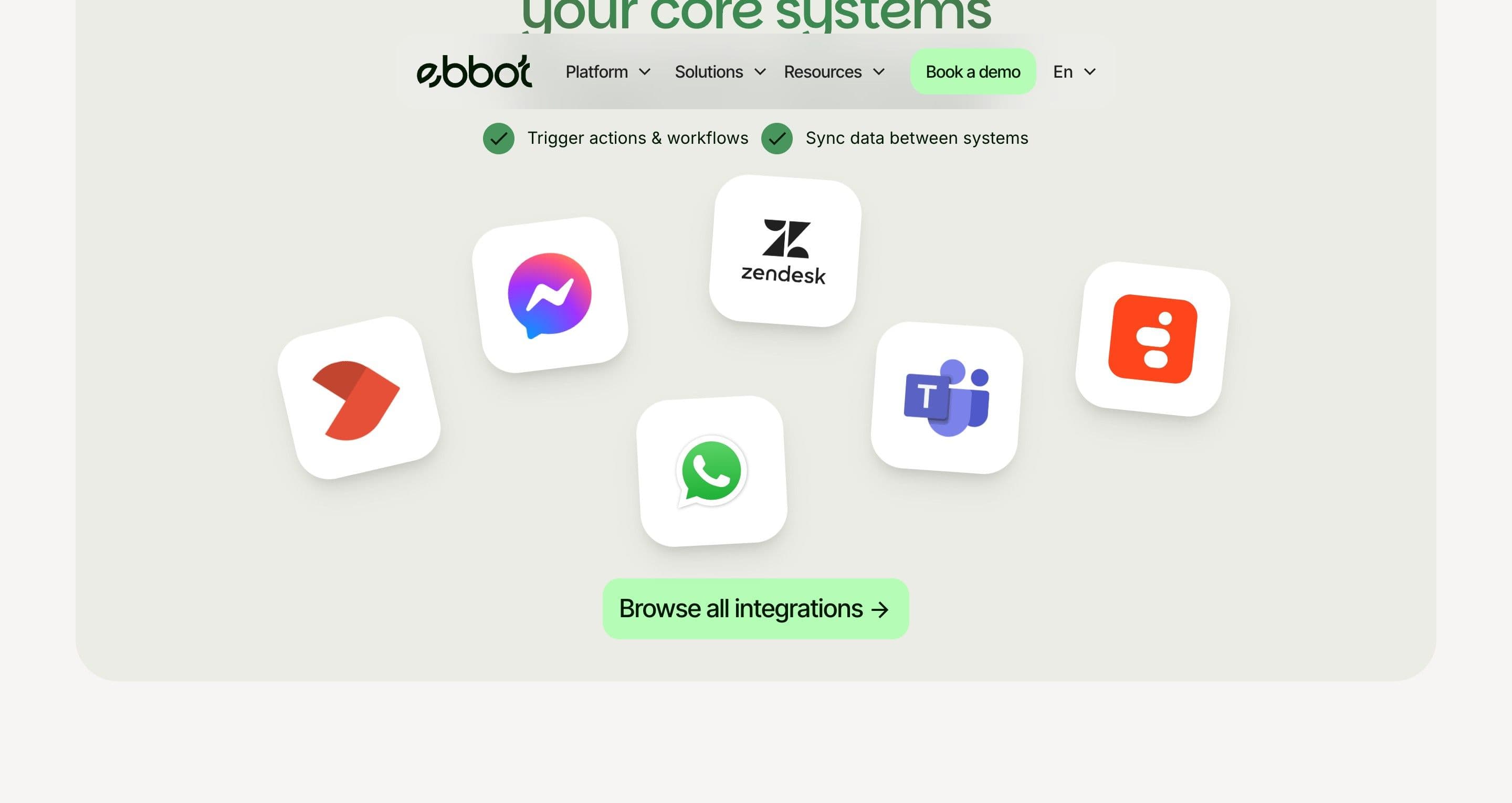 The chat agent page on ebbot.com, app icons for Zendesk, Messenger, Teams and WhatsApp floating on a pale card