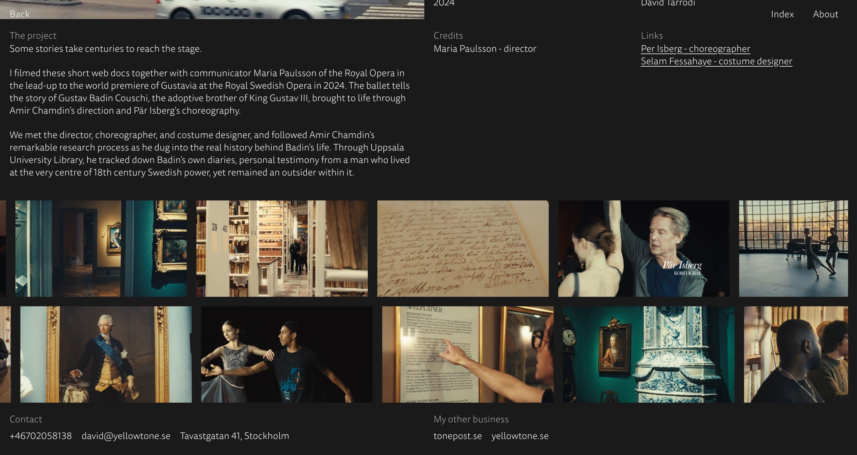The Gustavia project page on davidtarrodi.se, a grid of stills from the archives and ballet rehearsals