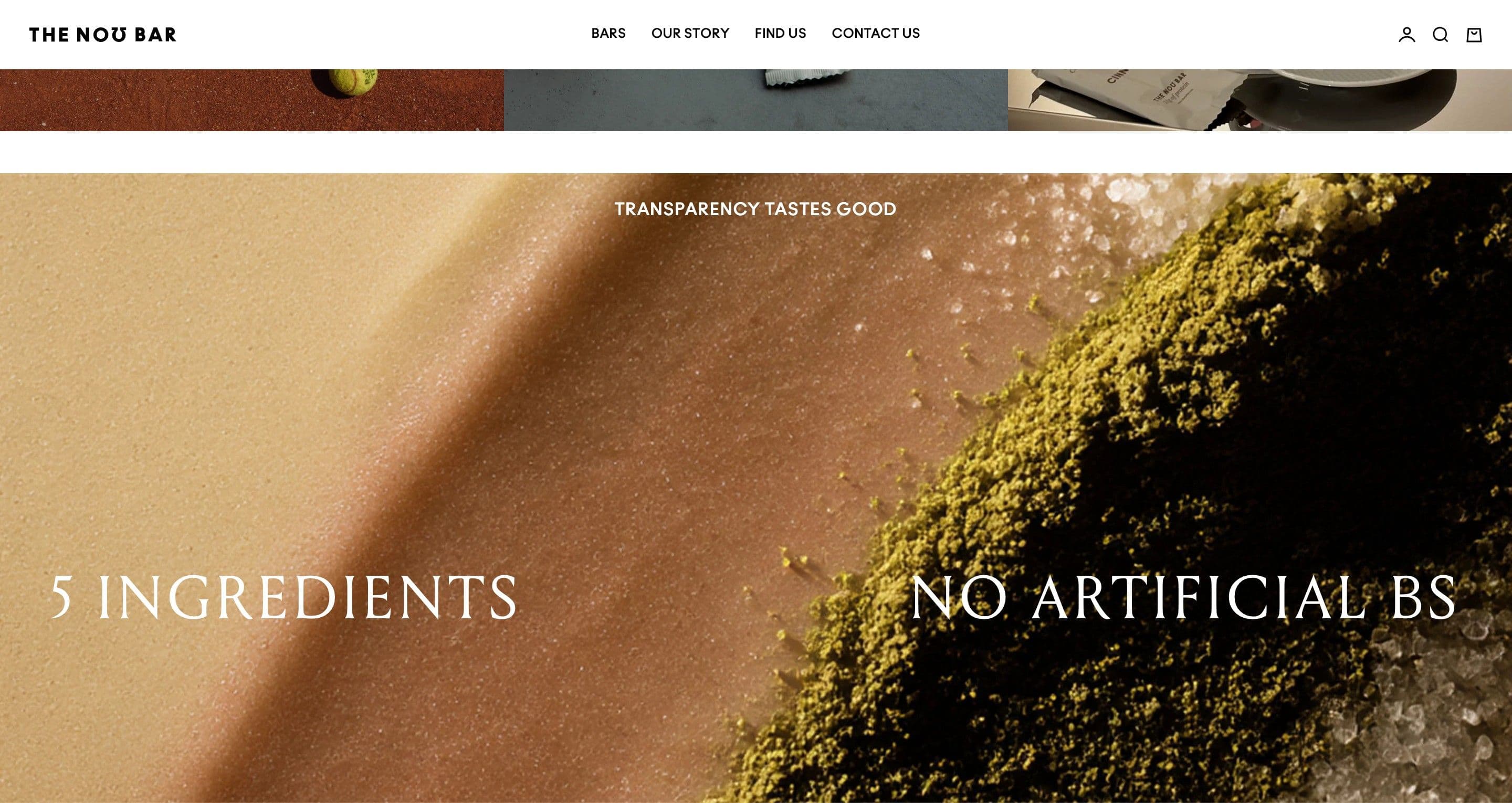 A full-width close-up of bar ingredients on thenobar.com, overlaid with 5 ingredients and no artificial bs