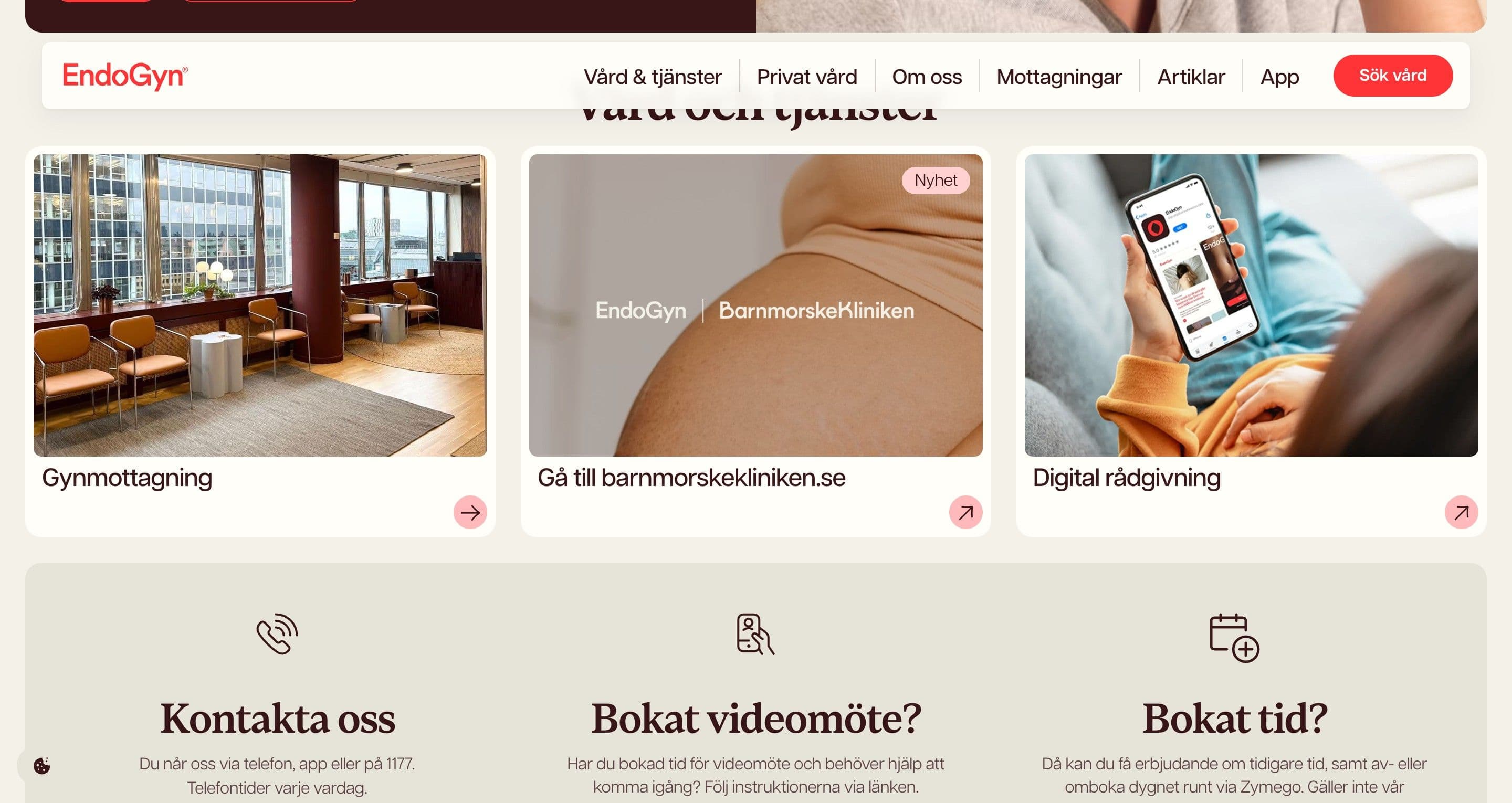 The services grid on endogyn.se, cards for the gyn clinic, BarnmorskeKliniken and digital advice above contact options