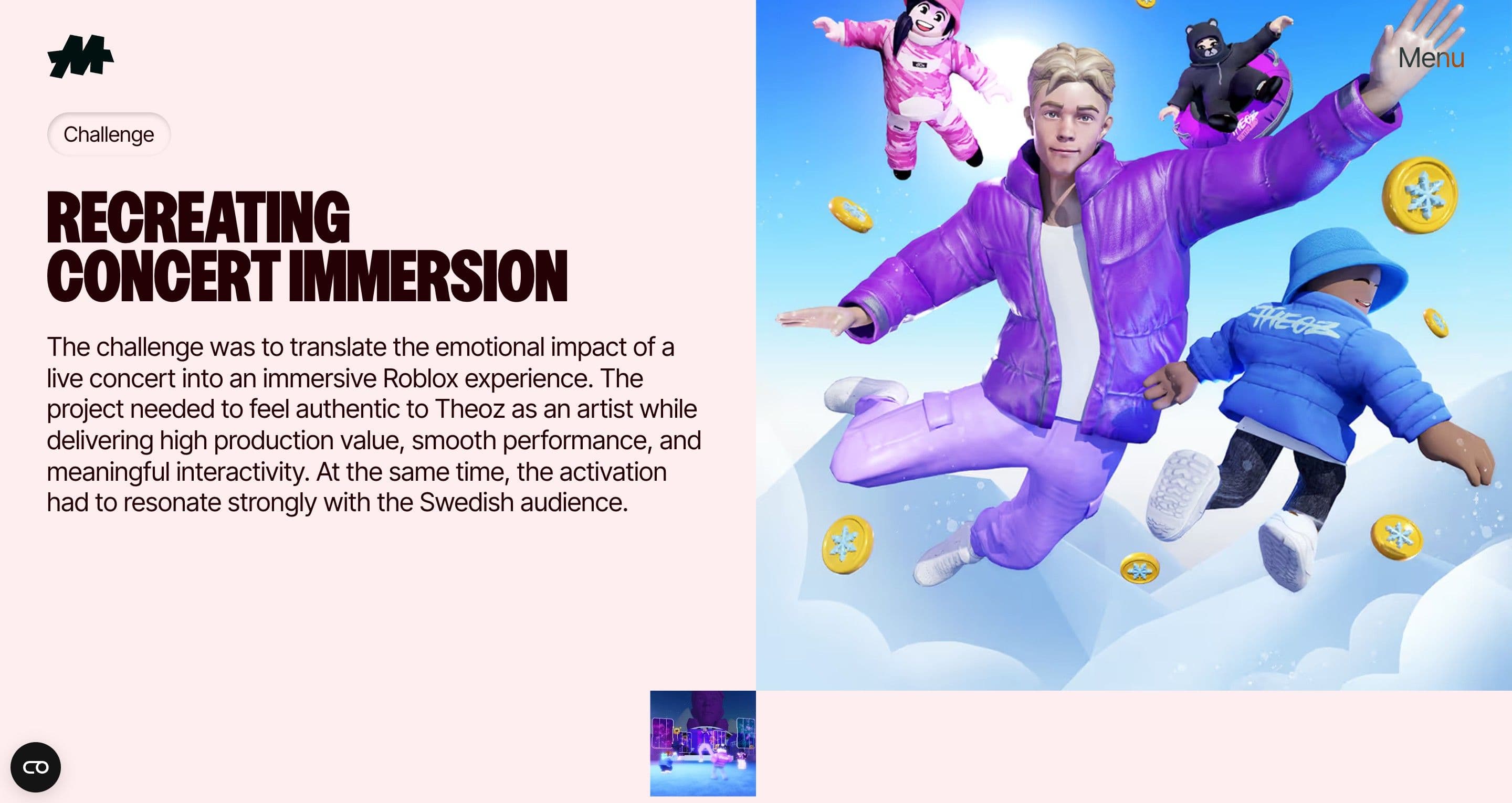 The Theoz Vinterland case on maddox.gg, a Roblox avatar of Theoz flying in a purple puffer jacket