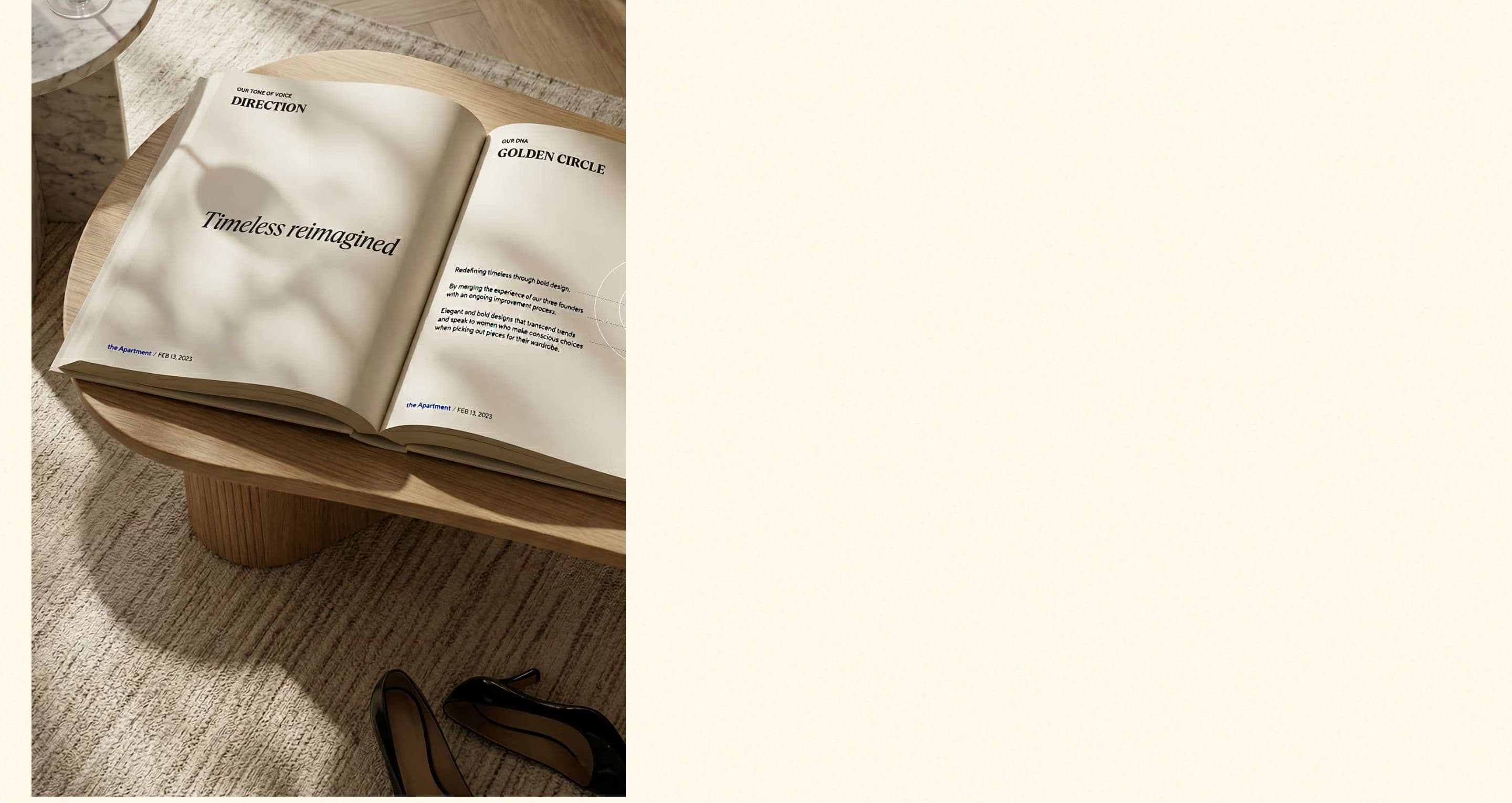 The Àvora case on studiohugo.se, an open book reading timeless reimagined on a wooden stool