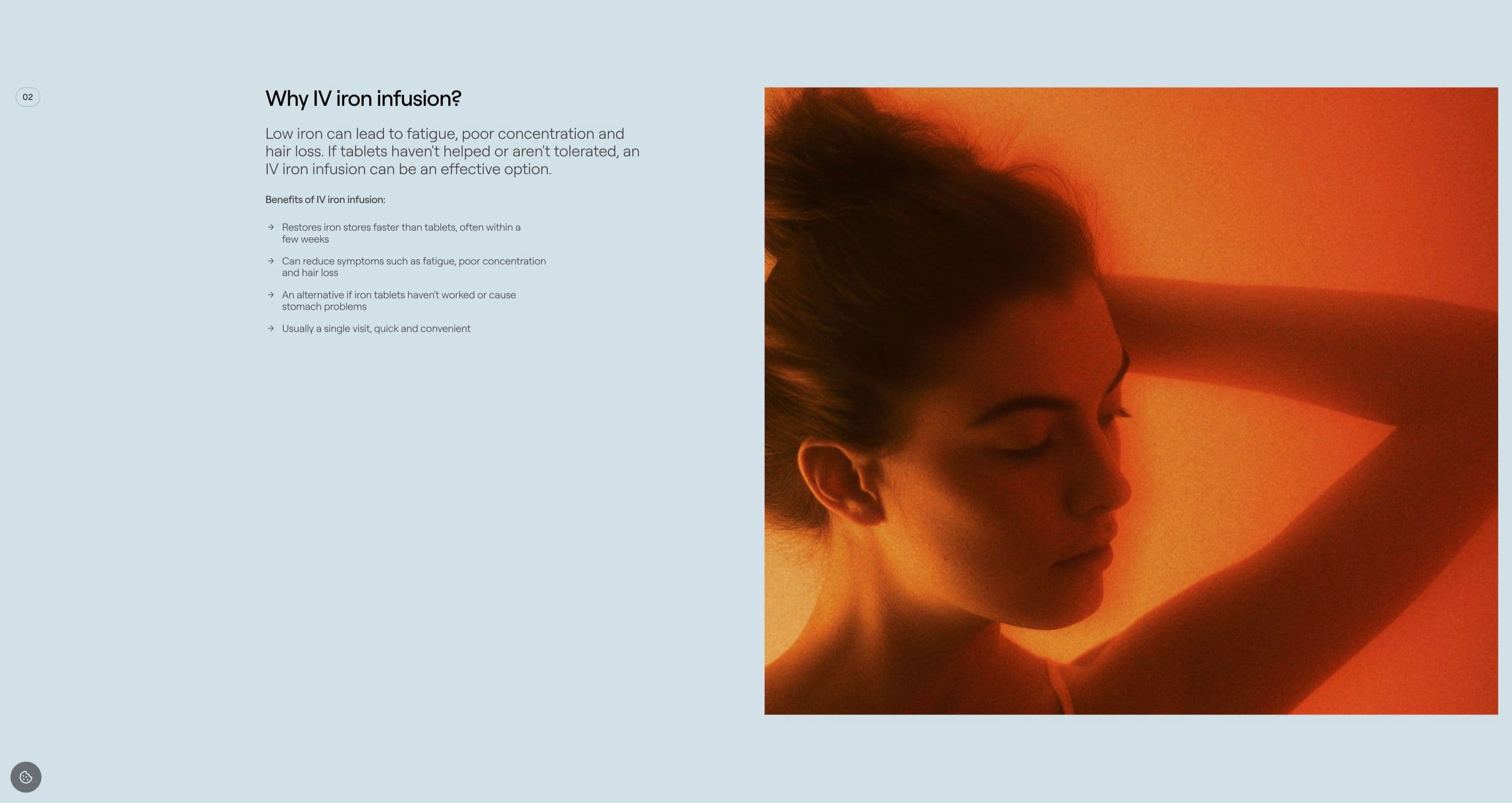The why-IV-iron section on endohealth.se, a list of benefits beside a woman lit in warm orange light