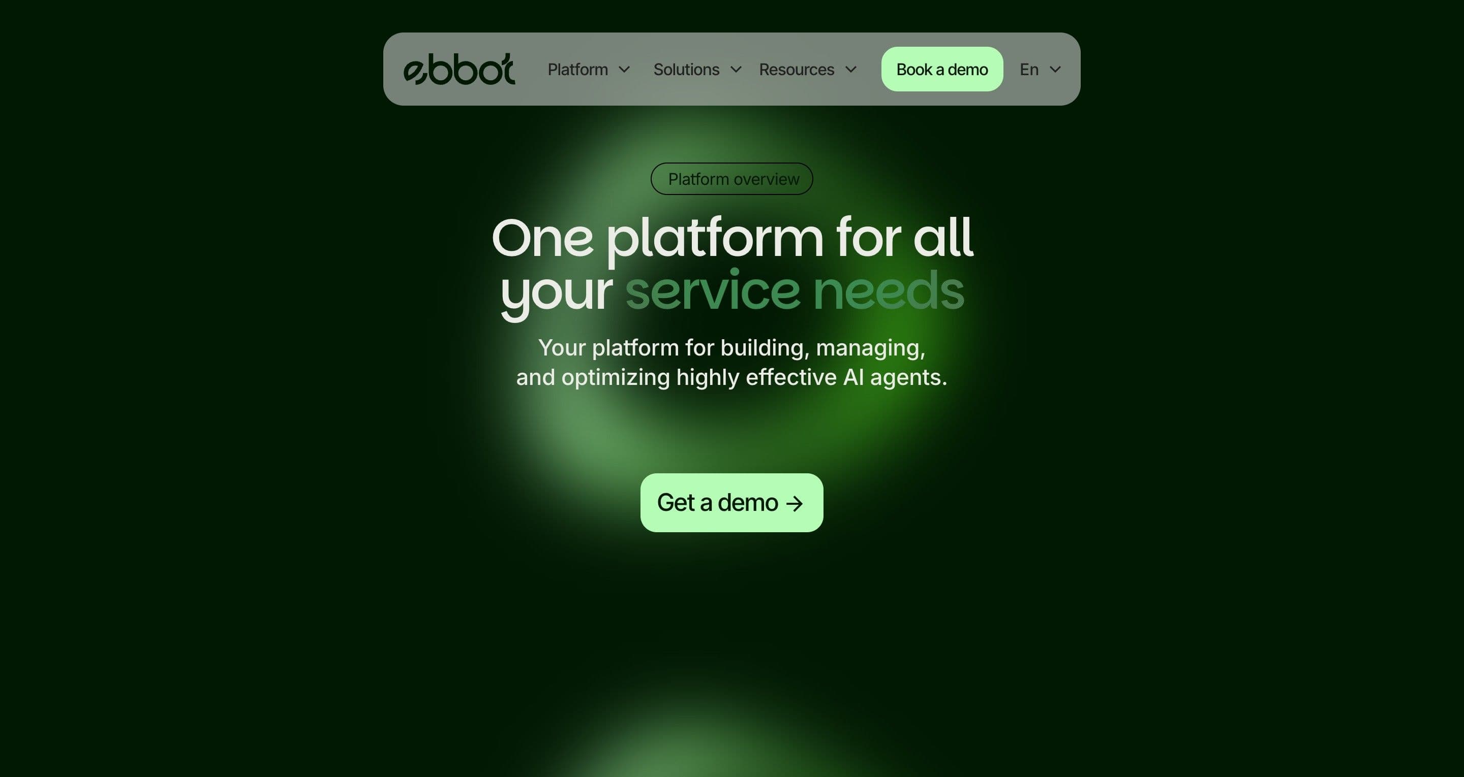 The platform overview page on ebbot.com, a centred headline and demo button on a dark green glow