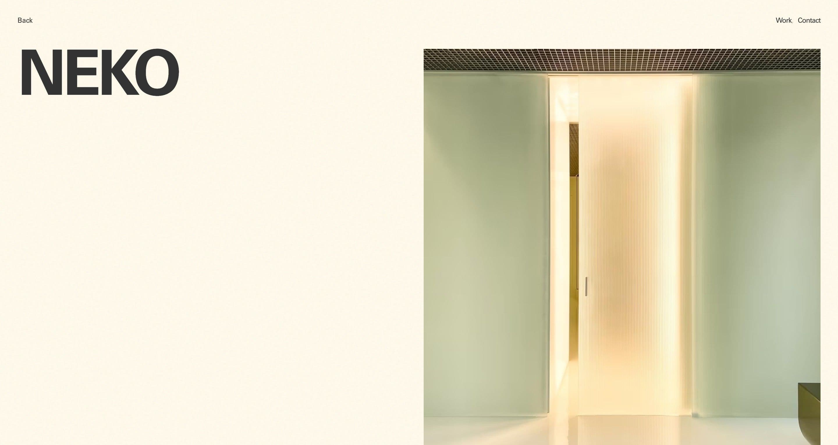 The Neko case page on studiohugo.se, a glowing white clinic corridor beside the large title