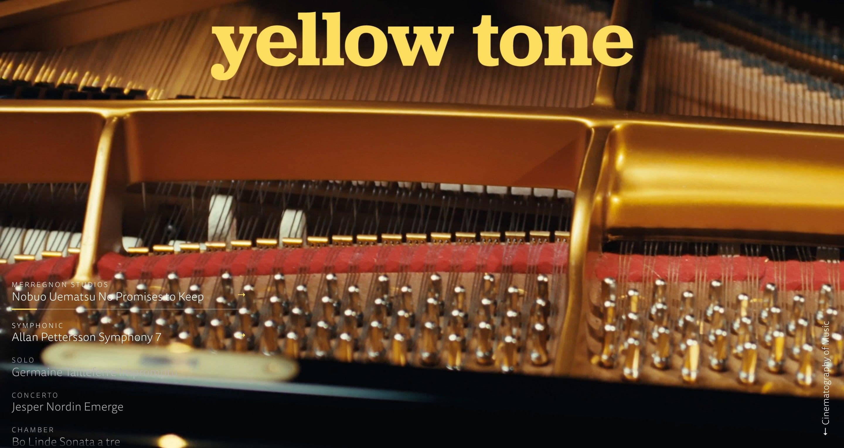The home page on yellowtone.se, with the golden frame and strings inside a grand piano behind the concert list