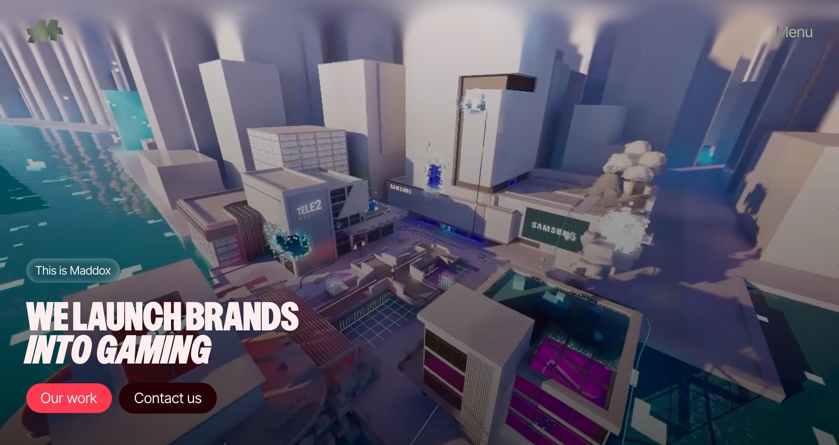 The home page hero on maddox.gg, a 3D game city behind the headline we launch brands into gaming