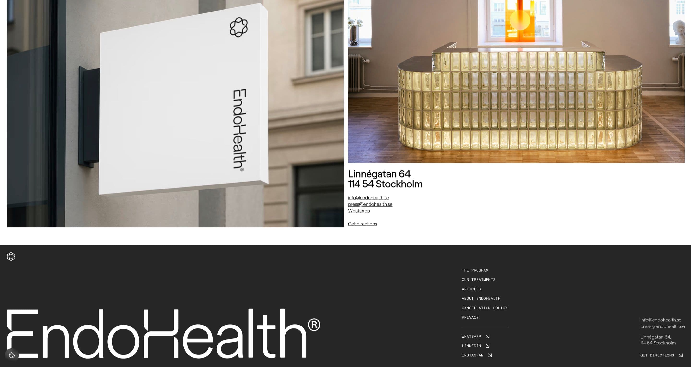 The find-us section on endohealth.se, with the clinic sign and reception desk above the address and the dark footer