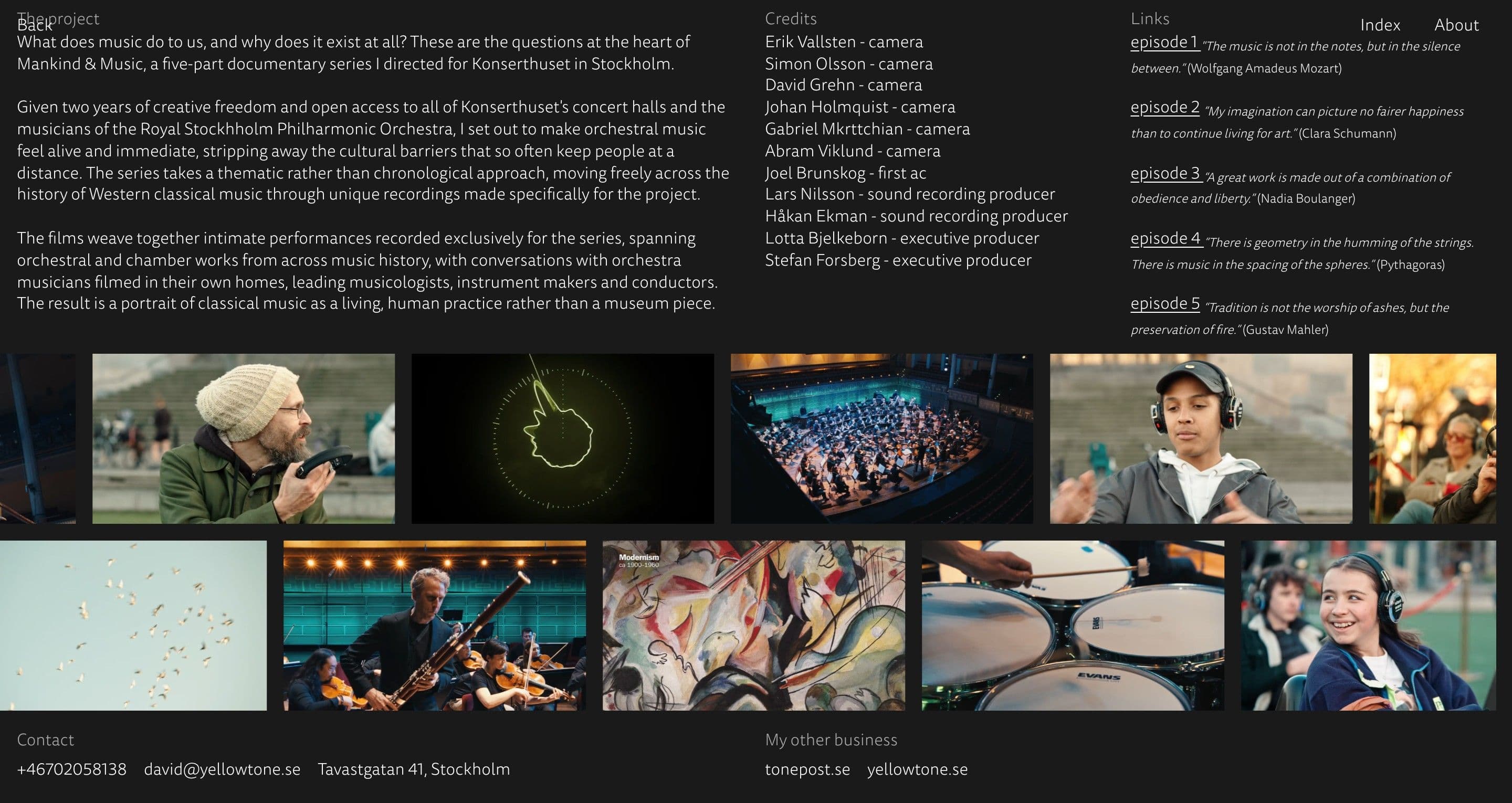The Mankind & Music project page on davidtarrodi.se, a grid of stills with musicians, a red concert hall and drums
