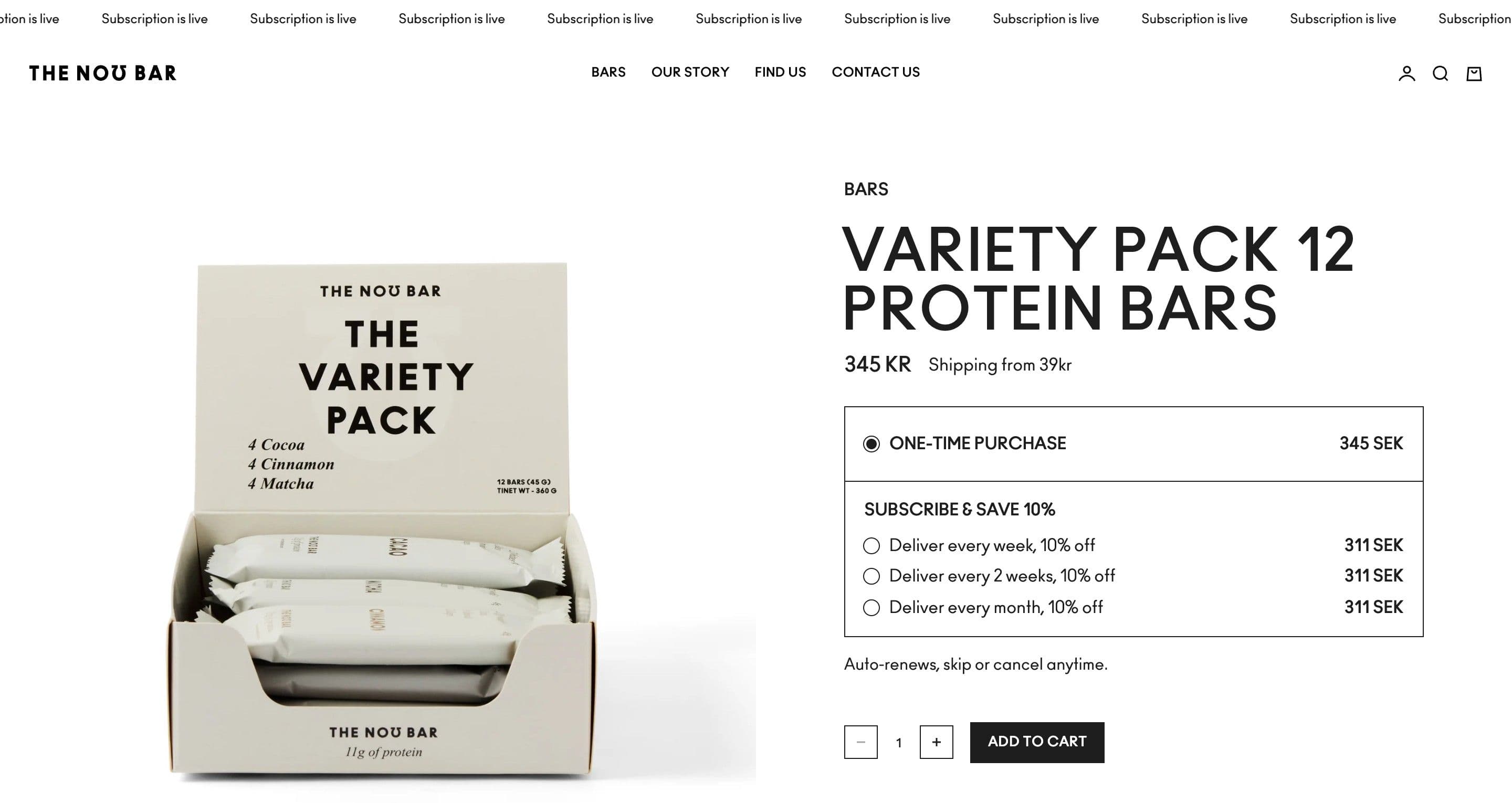 The variety pack product page on thenobar.com, the open box of bars beside price and subscription options