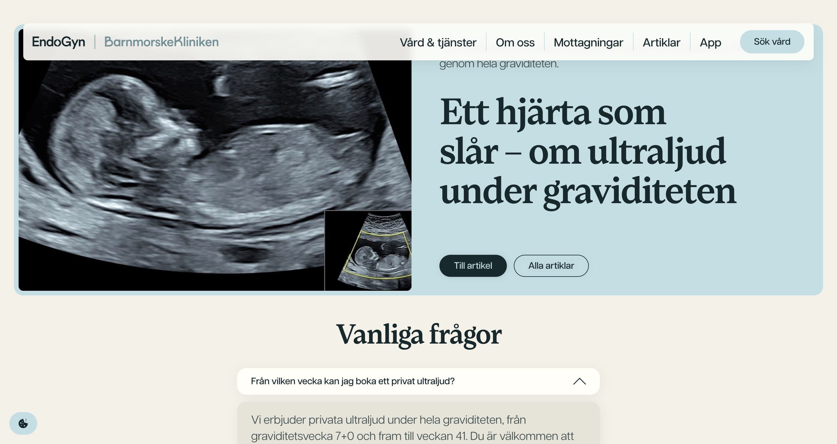 An article teaser on barnmorskekliniken.se, a black-and-white ultrasound scan beside the headline ett hjärta som slår