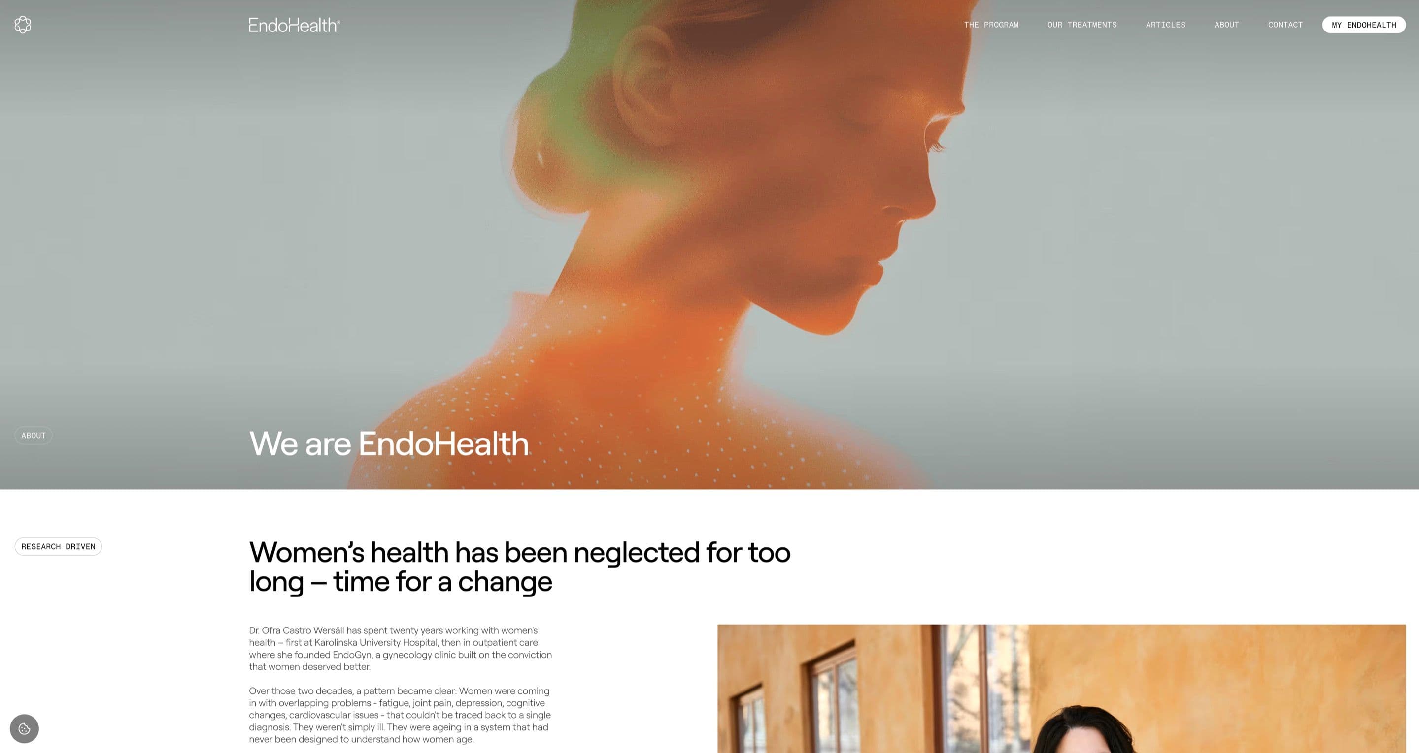 The about page on endohealth.se, with an orange-toned portrait hero above a research-driven intro on women’s health