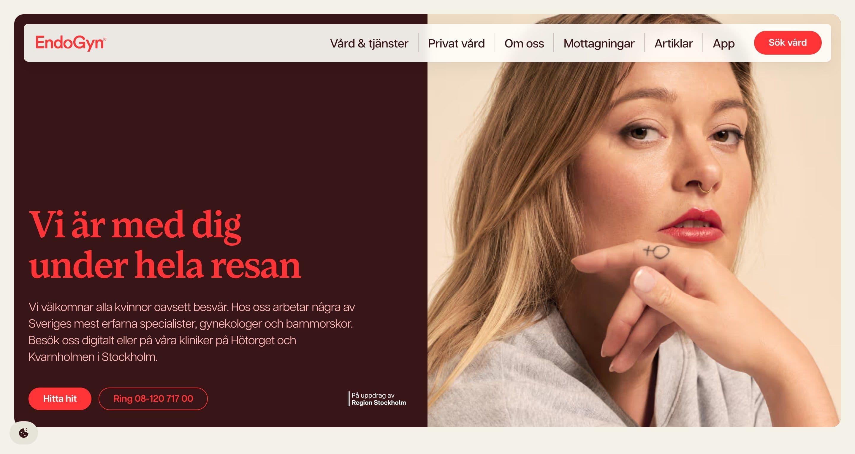 The home page hero on endogyn.se, a red headline on burgundy beside a close-up portrait of a woman with red lipstick