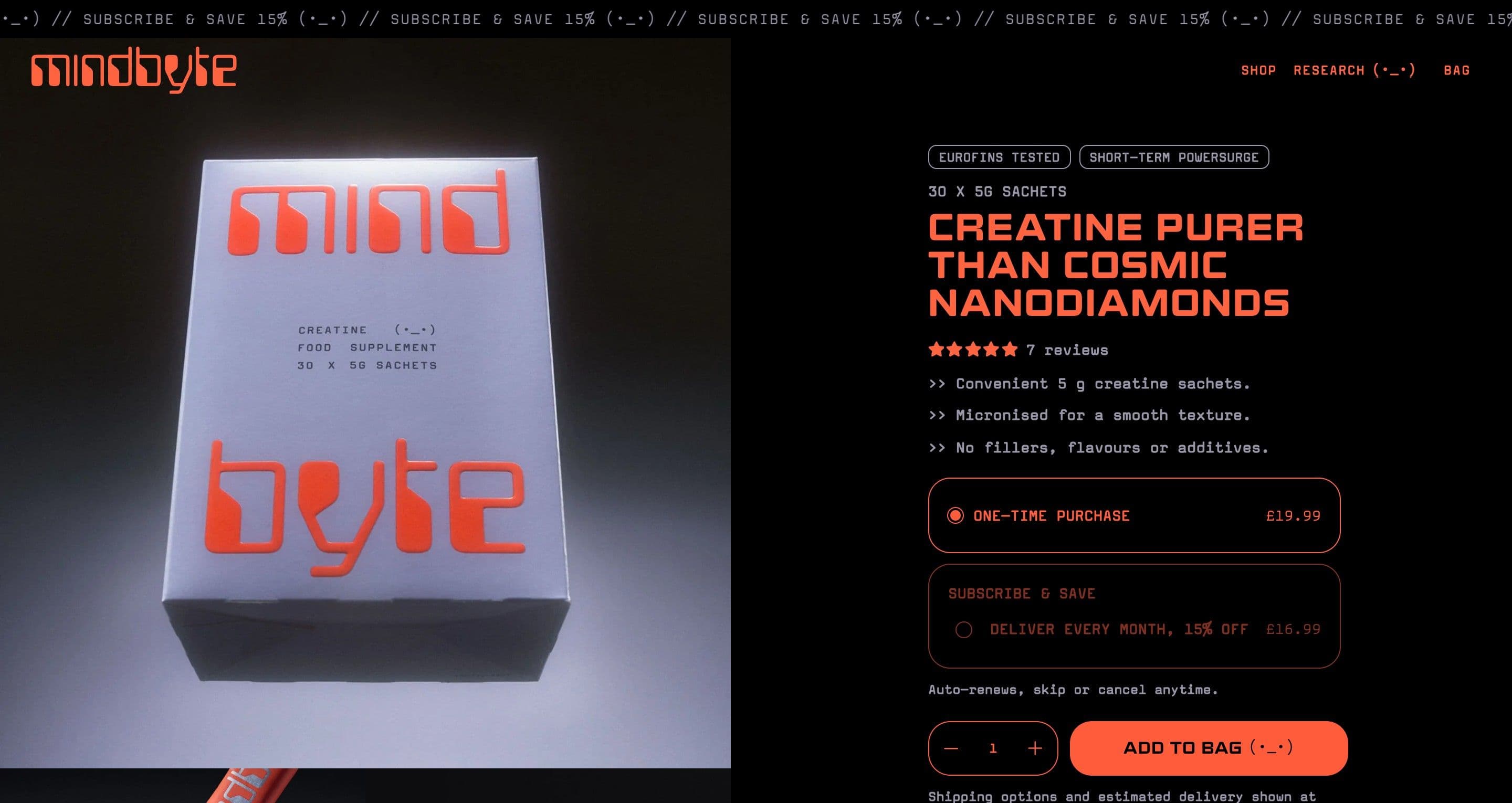 The creatine product page on mindbyte.com, the white sachet box beside price, subscribe option and add-to-bag button