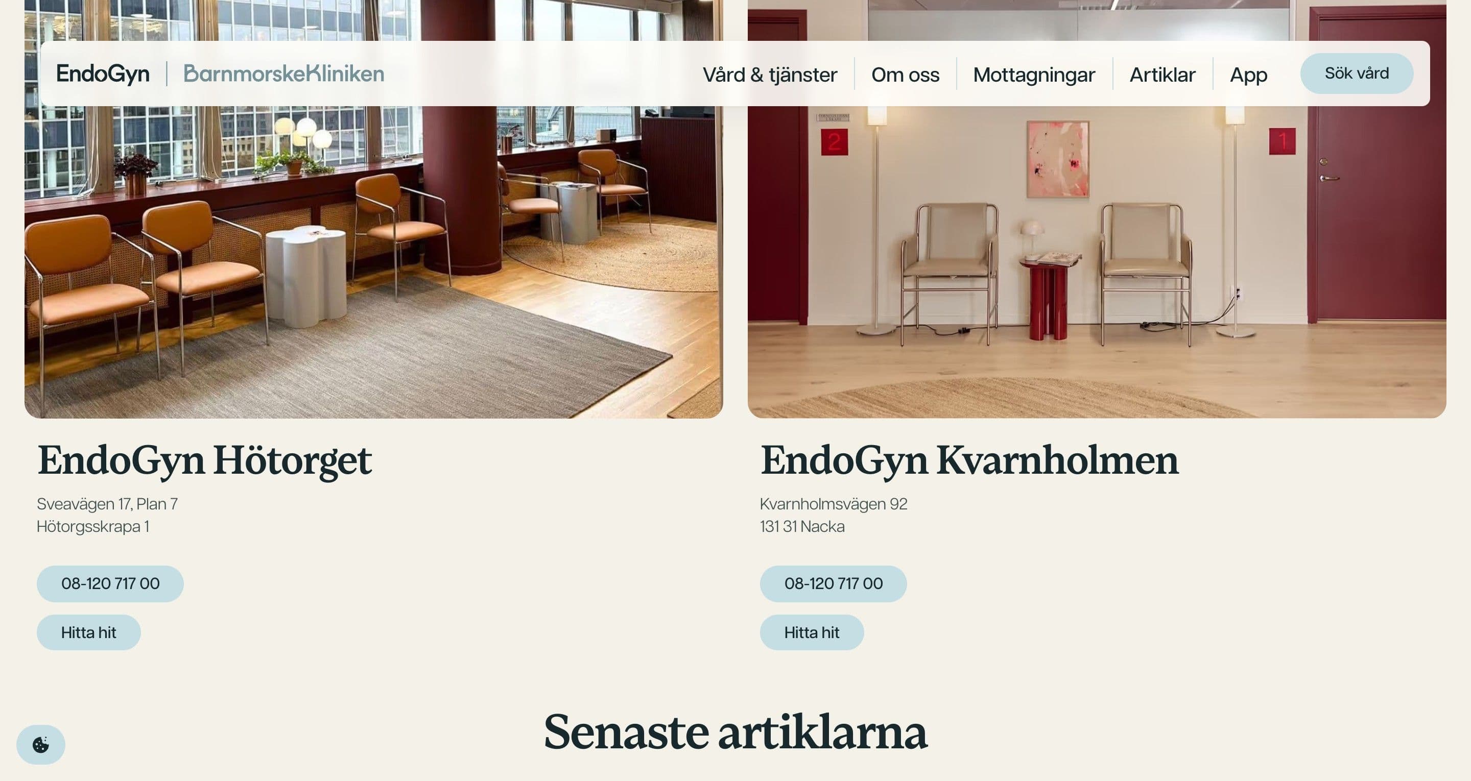 The clinics section on barnmorskekliniken.se, the waiting rooms at Hötorget and Kvarnholmen above addresses and phone buttons