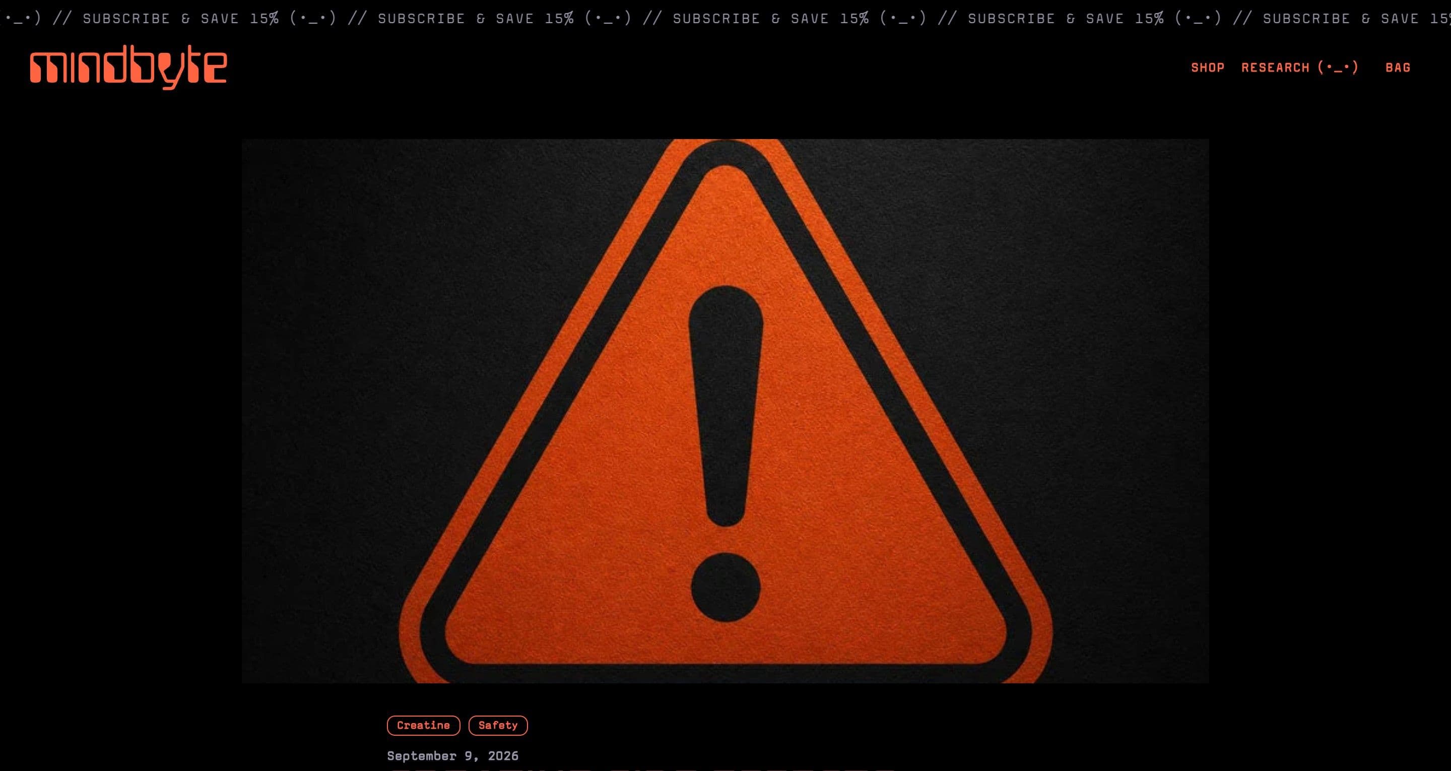 A research article on mindbyte.com on creatine safety, opening with a large orange warning sign