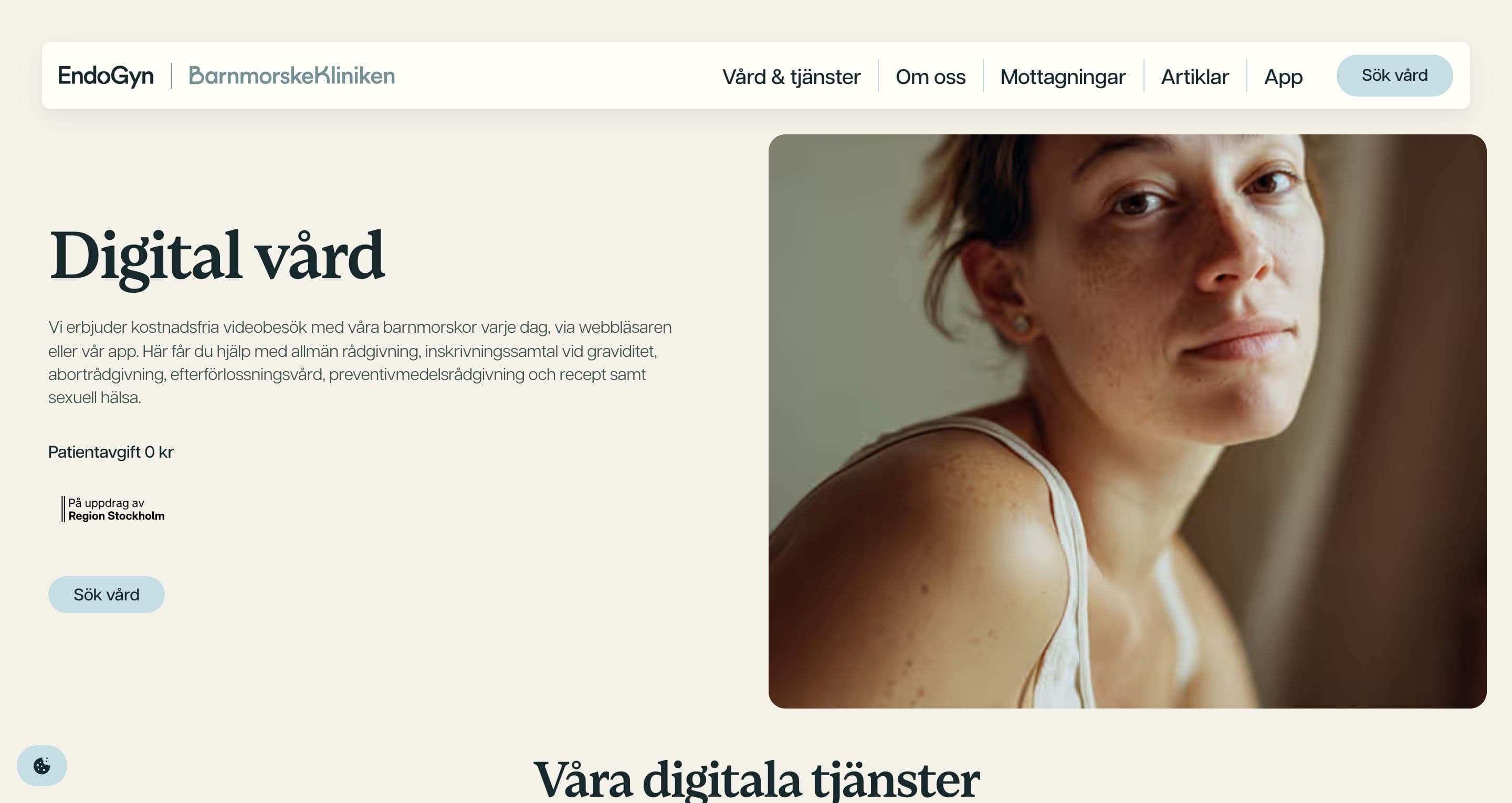 The digital care page on barnmorskekliniken.se, the digital vård headline beside a soft portrait of a woman by a window