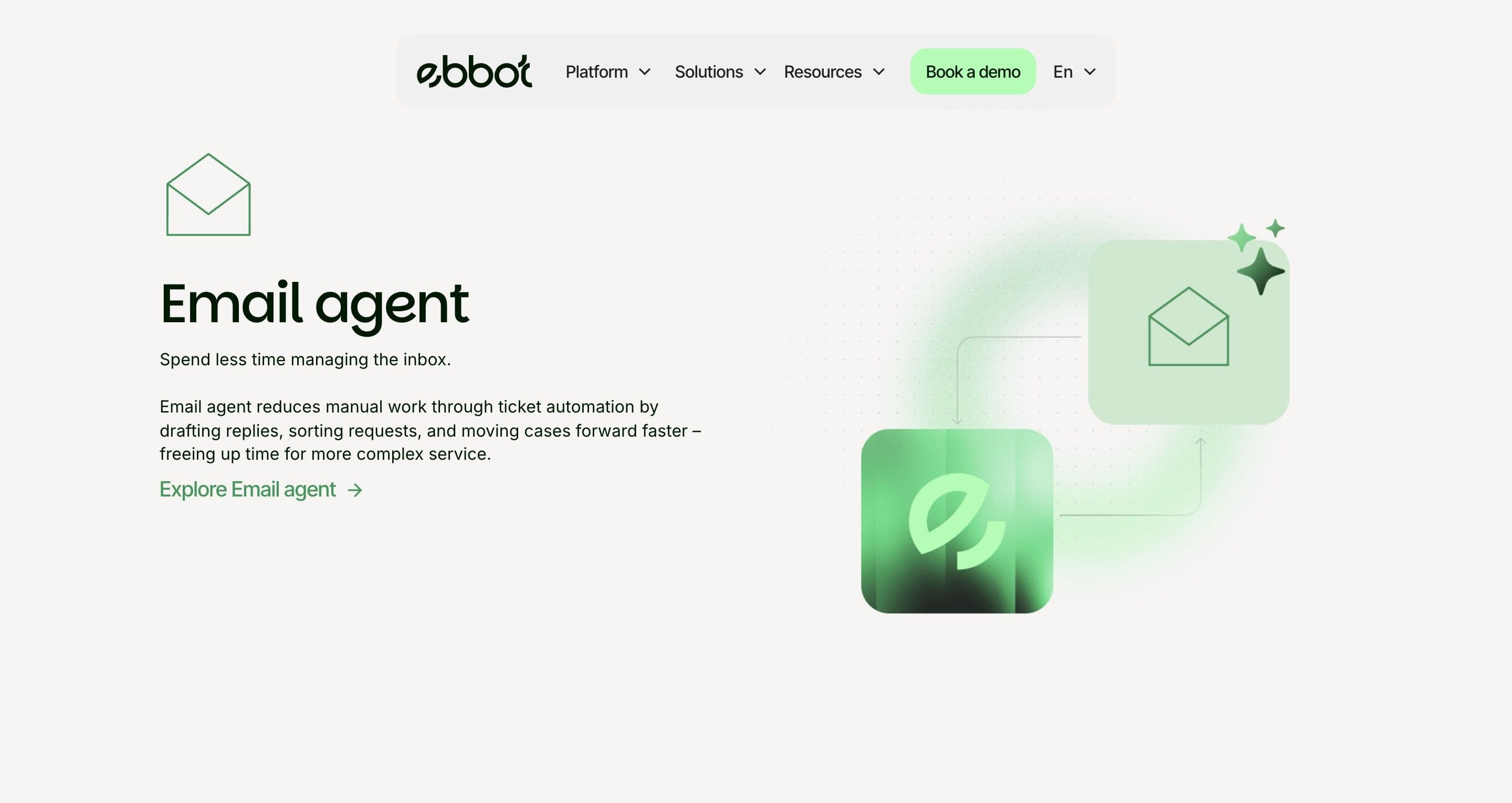 The email agent section on ebbot.com, an envelope icon linked to the Ebbot app tile inside a soft green glow