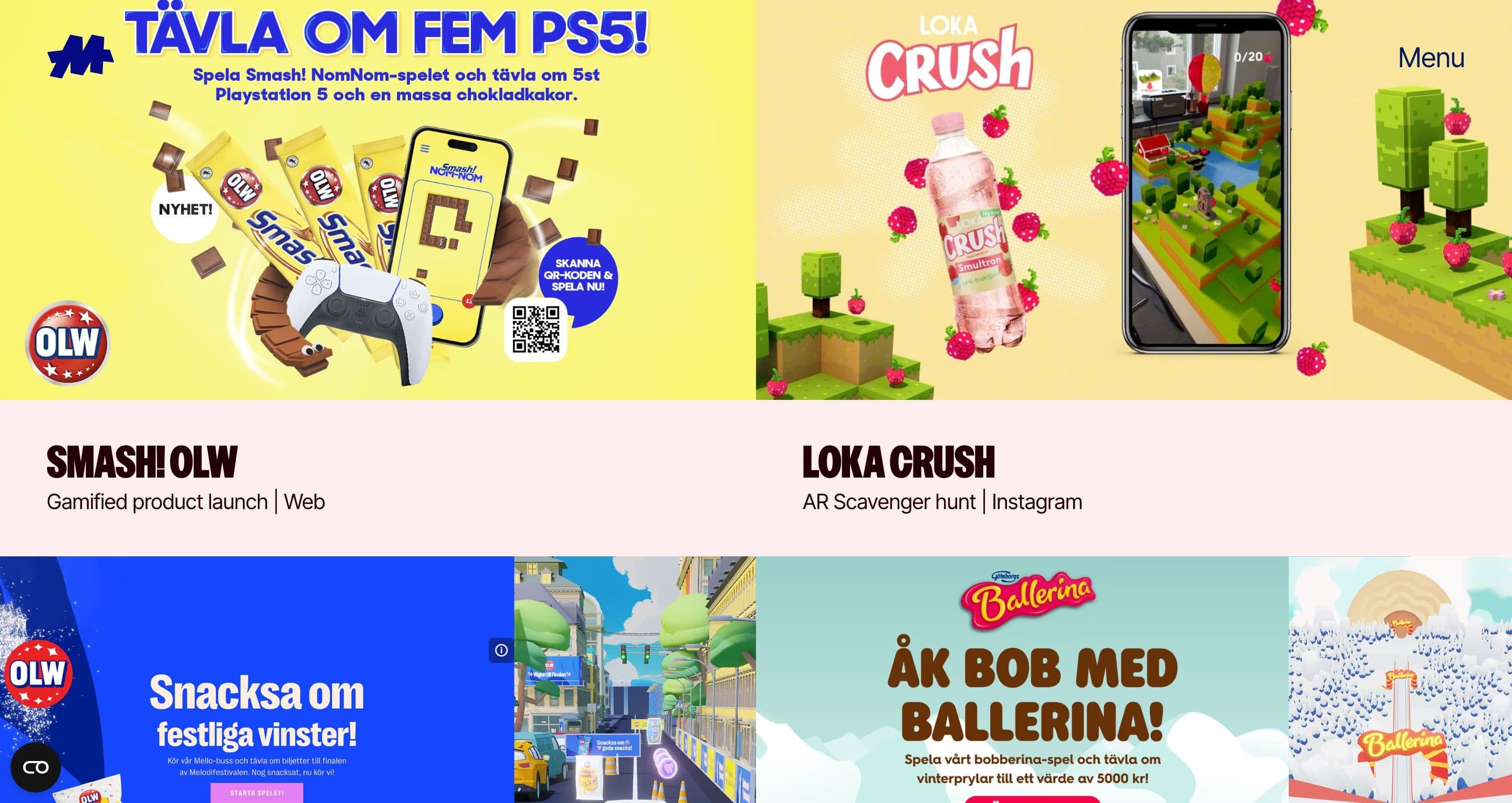 The work page on maddox.gg, bright campaign art for Smash! OLW, Loka Crush and Ballerina