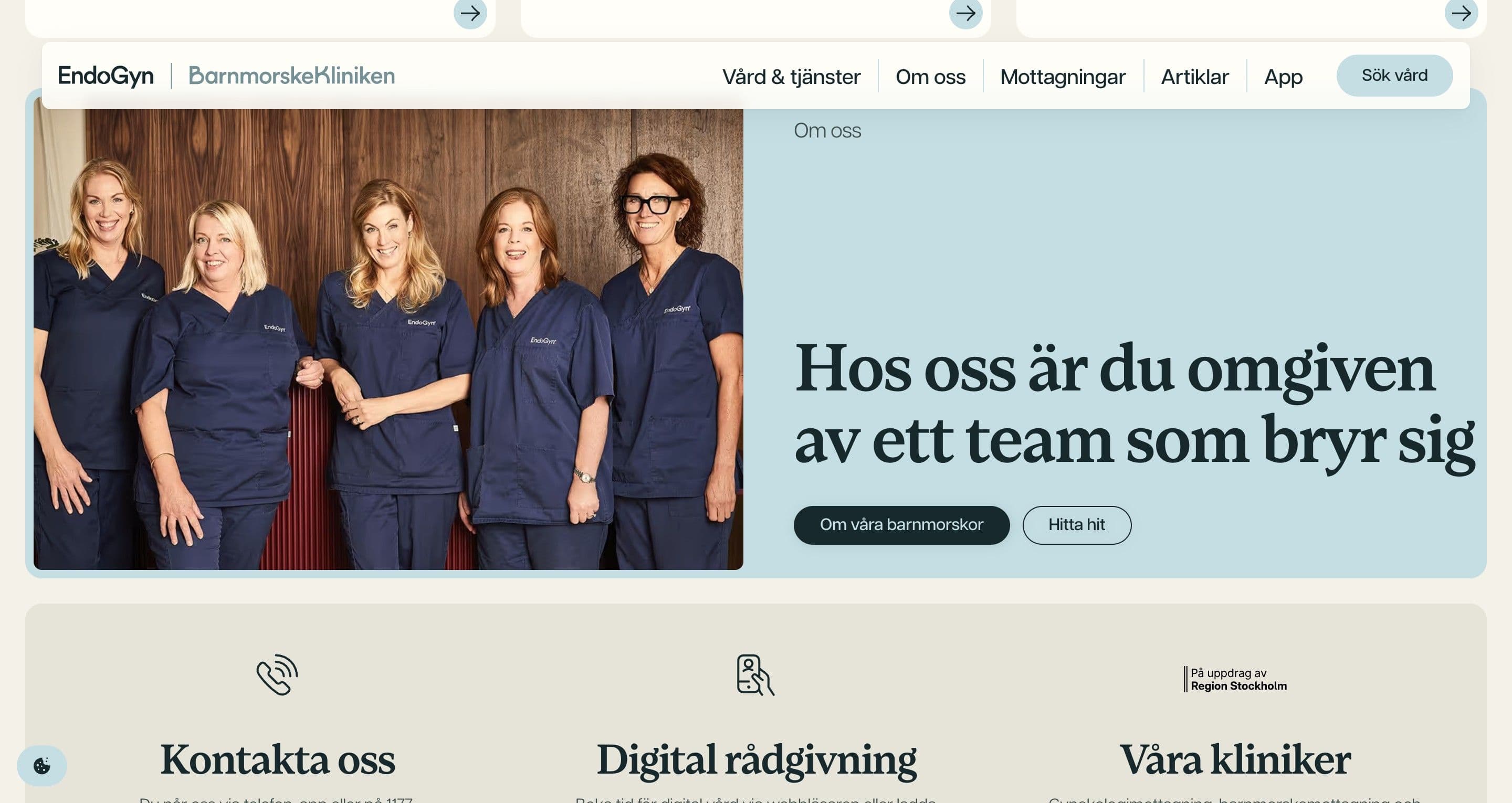 The team section on barnmorskekliniken.se, five midwives in navy scrubs beside the headline hos oss är du omgiven av ett team som bryr sig