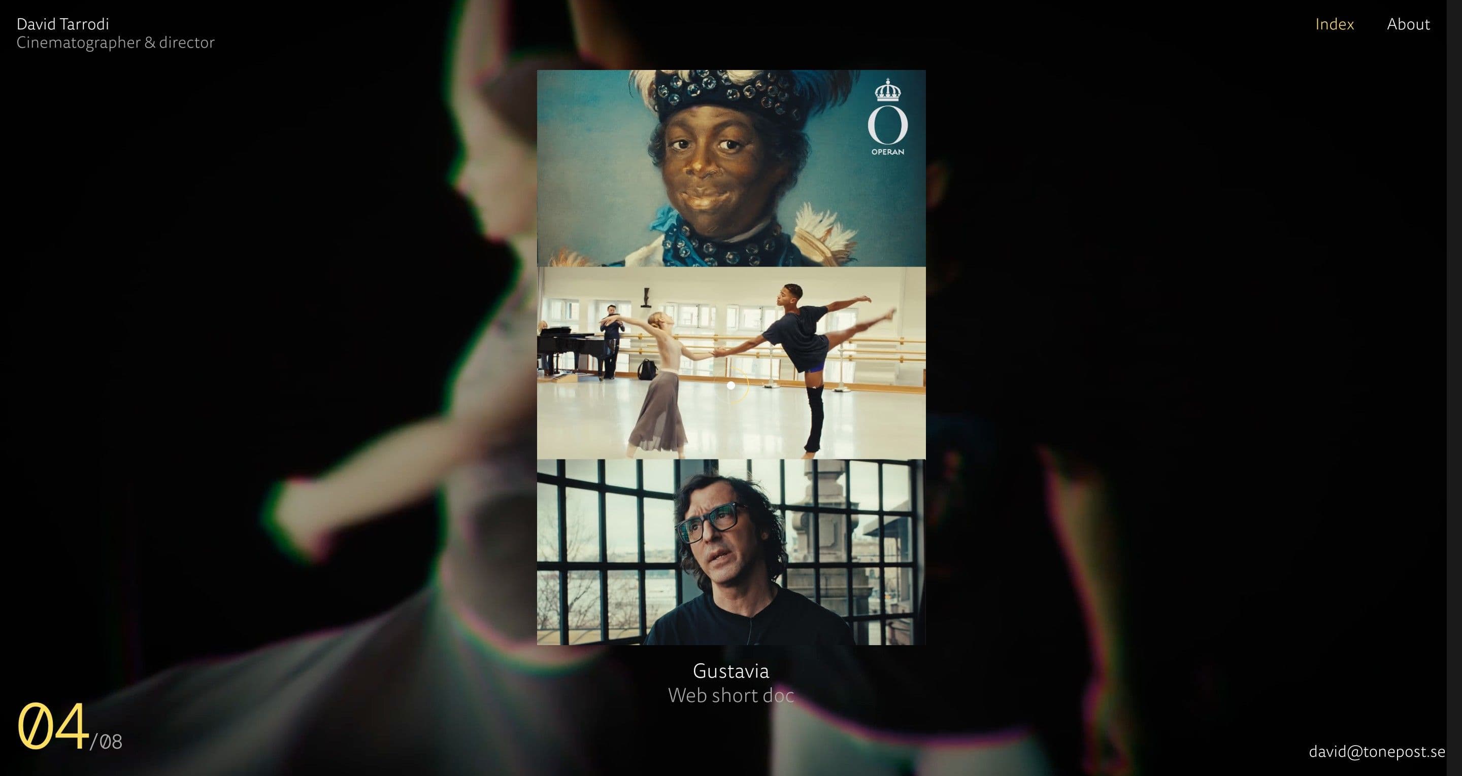 The project slider on davidtarrodi.se, stacked stills from Gustavia over a blurred ballet rehearsal