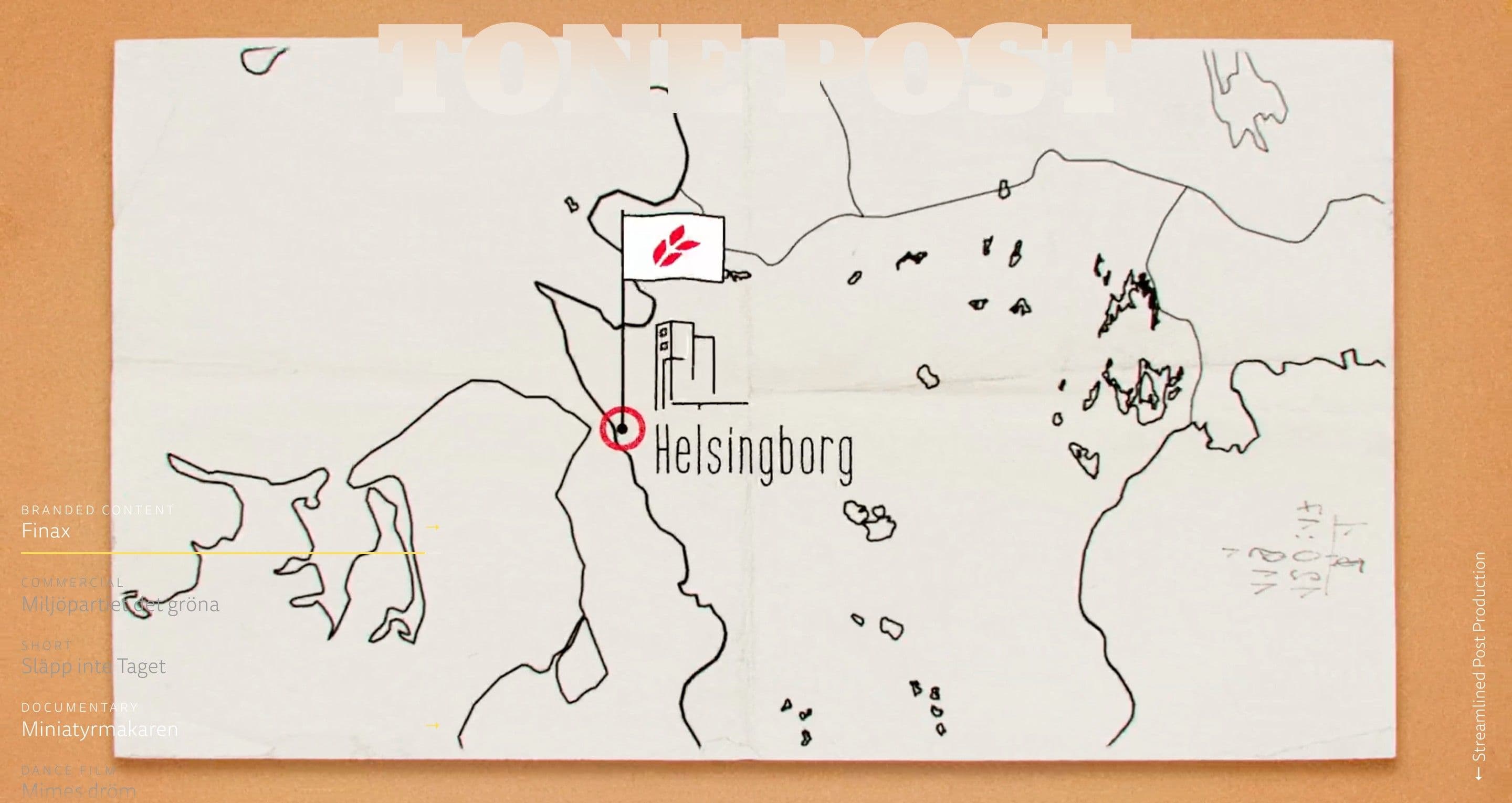 The home page on tonepost.se, with a hand-drawn map of Helsingborg with a Finax flag behind the project list