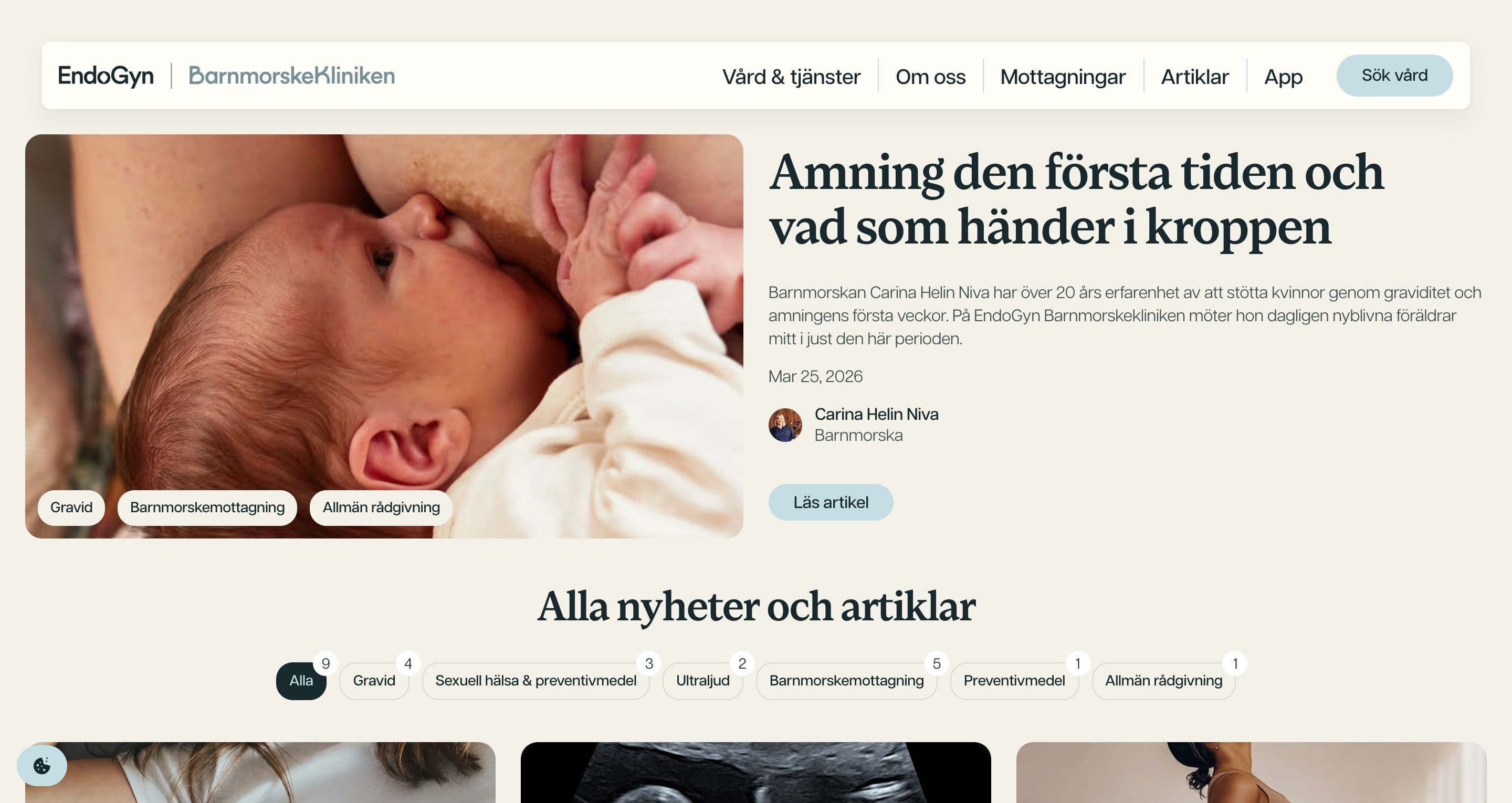 The articles page on barnmorskekliniken.se, a breastfeeding newborn in the featured article above topic filter pills