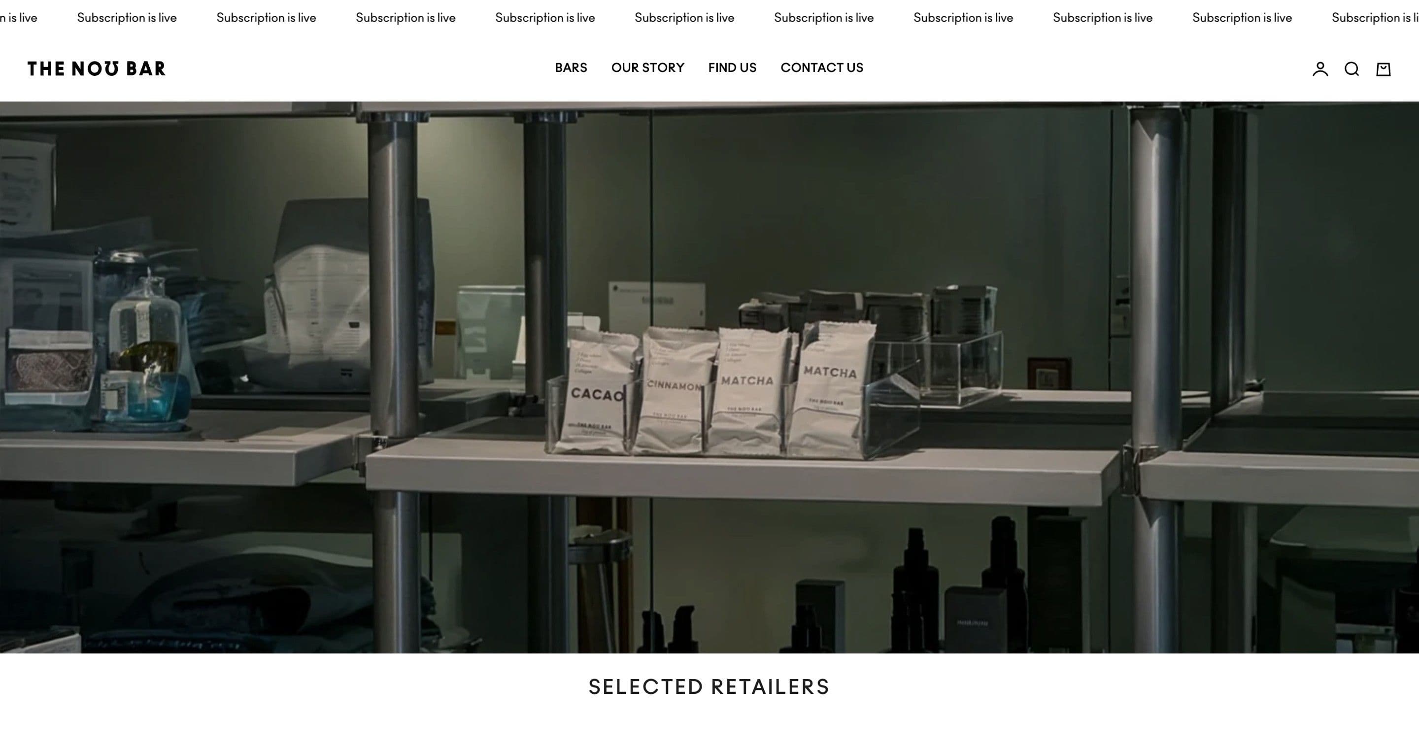 The find us page on thenobar.com, bars on a dim shop shelf above the selected retailers heading