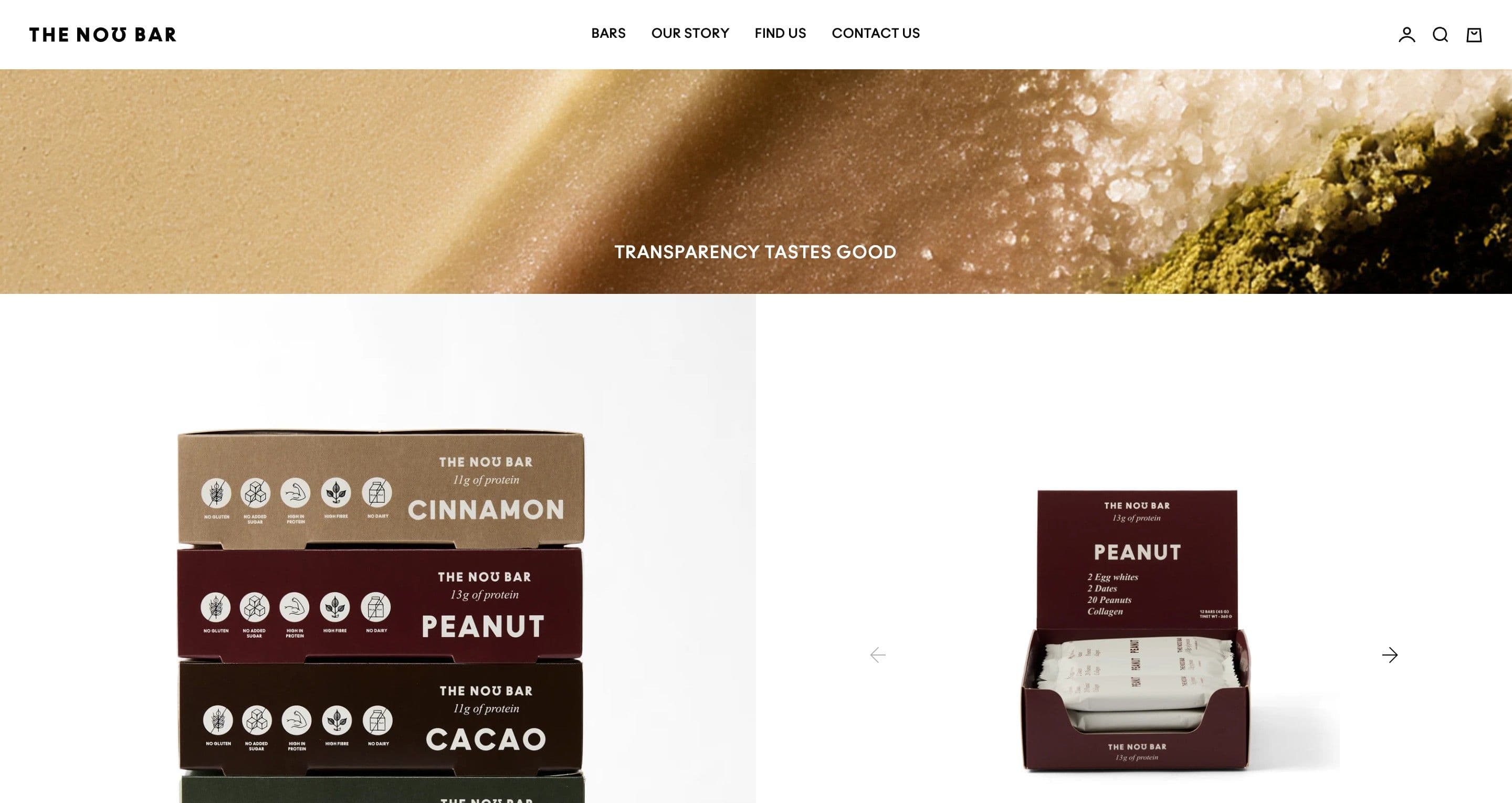 Stacked cinnamon, peanut and cacao boxes on thenobar.com, beside a single peanut 12-pack