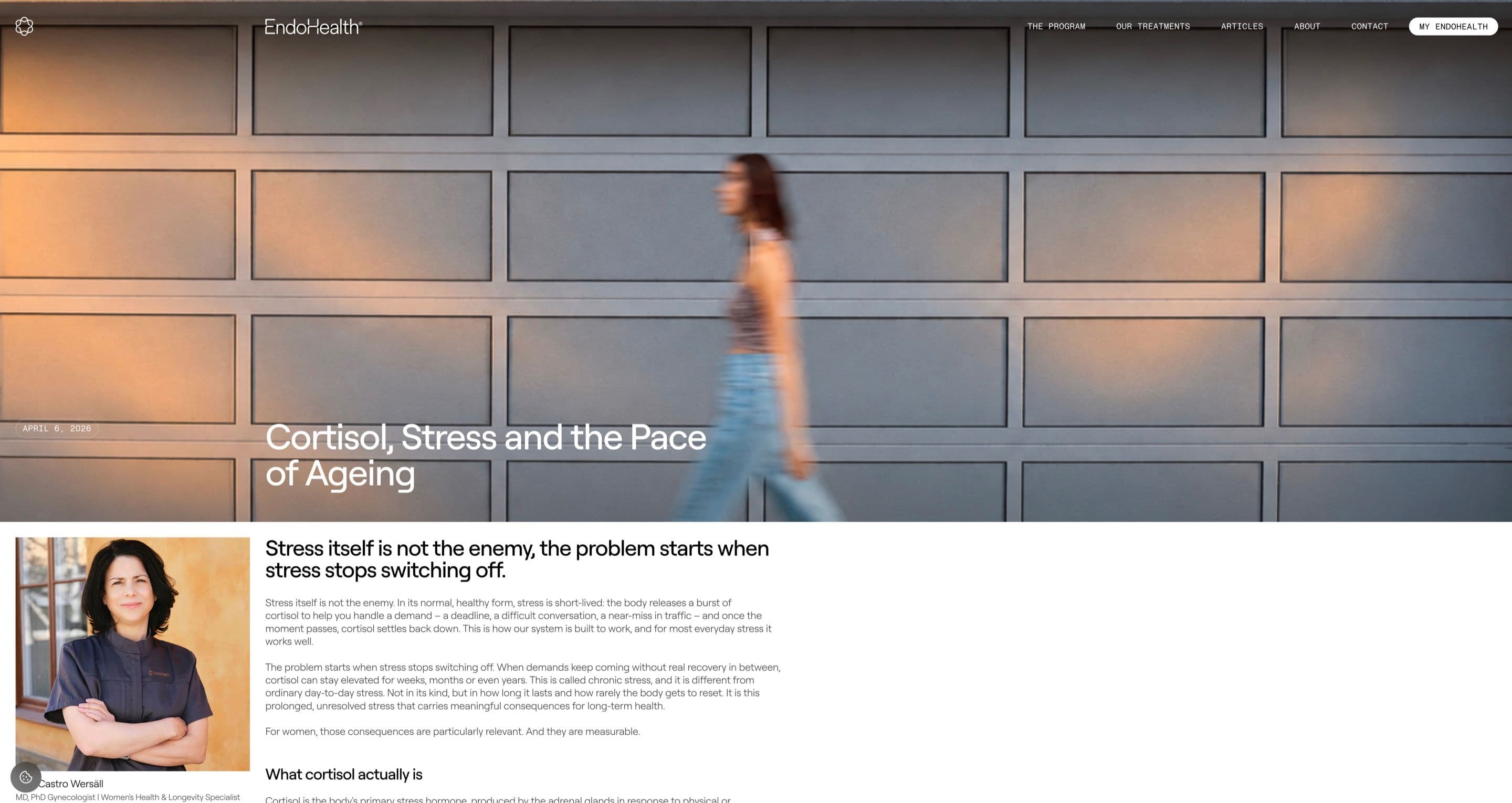 An article page on endohealth.se, with a blurred woman walking past a garage door hero and the author’s portrait beside the text