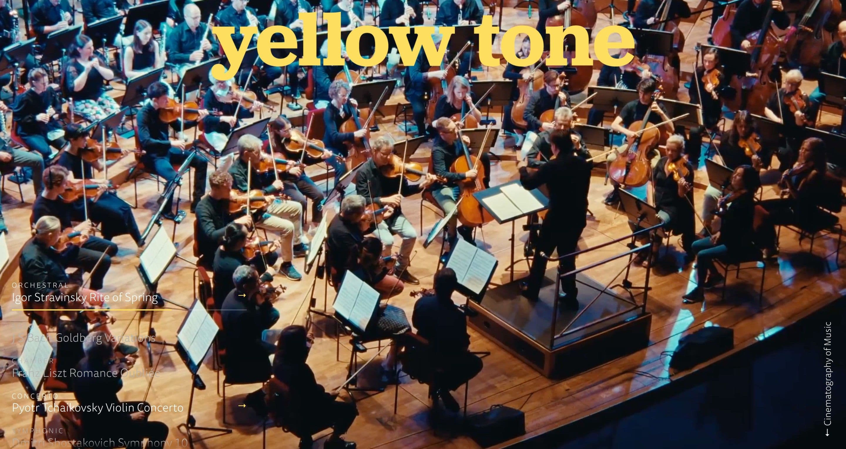 The home page on yellowtone.se, with an overhead view of a full orchestra and conductor on a golden stage