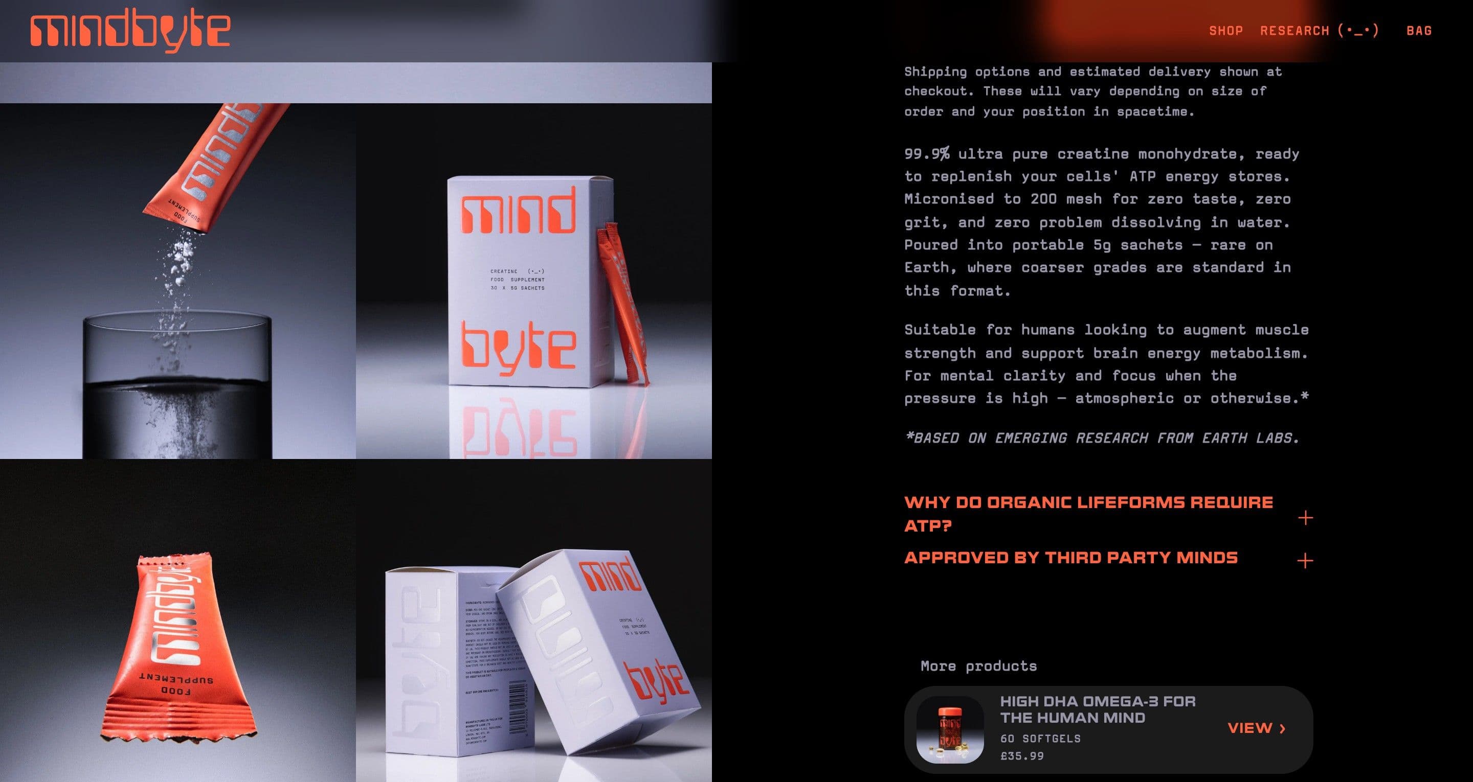 The creatine product page on mindbyte.com, powder pouring into a glass beside red sachets and boxes