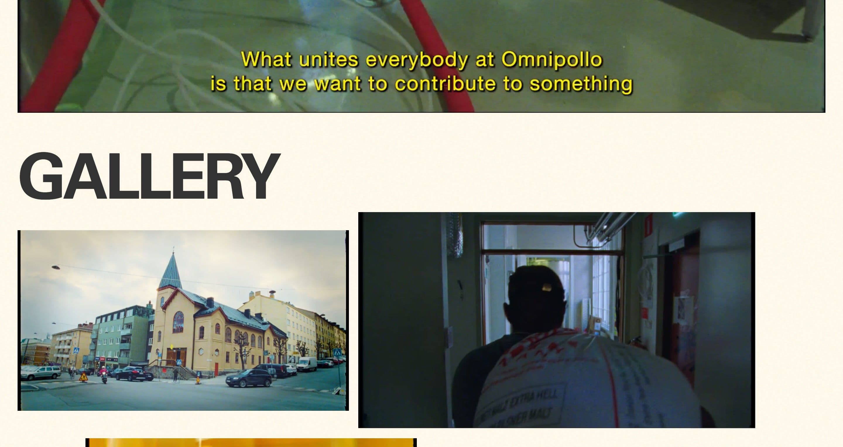 The gallery on the Omnipollo case page on studiohugo.se, a subtitled film still above stills of the street and a doorway