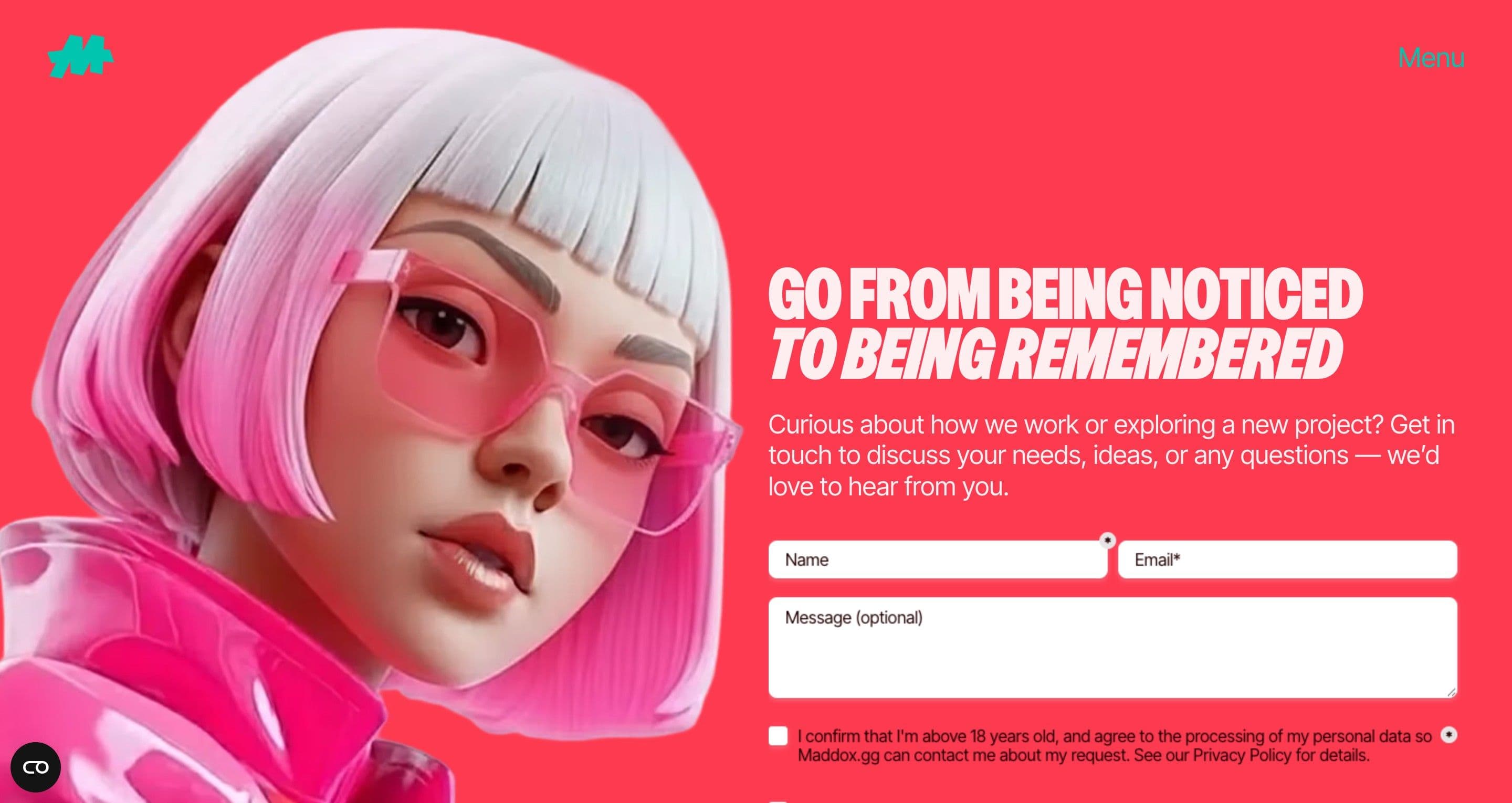 The contact section on maddox.gg, a 3D avatar with pink hair and glasses beside the contact form on red