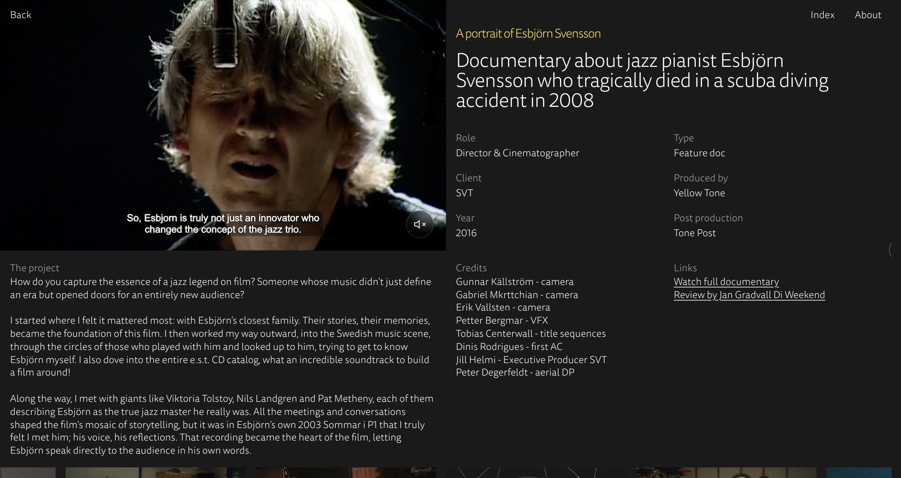 The Esbjörn Svensson project page on davidtarrodi.se, a subtitled film still of a man beside the title and credits