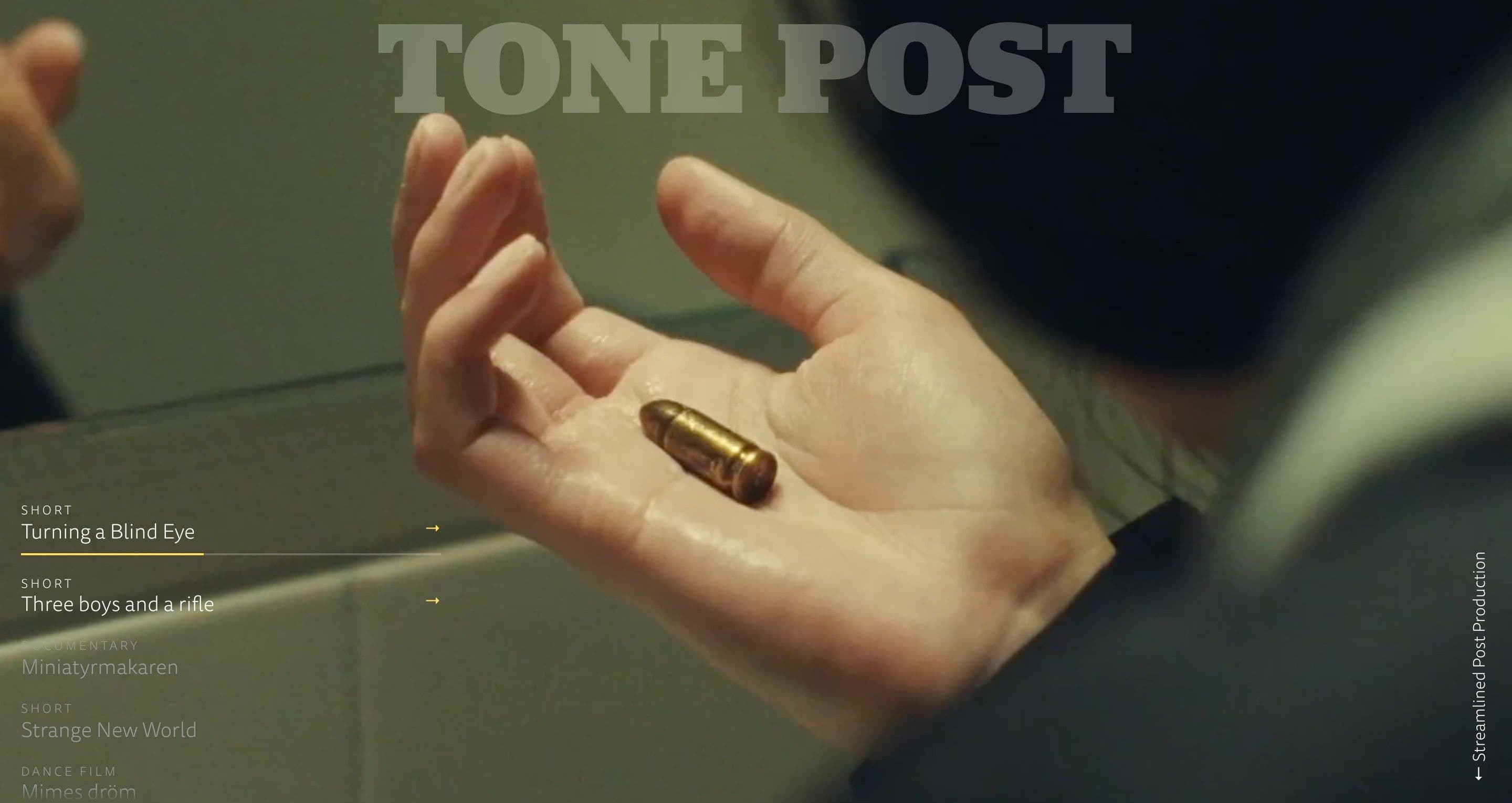 The home page on tonepost.se, with a bullet resting in an open palm behind the project list