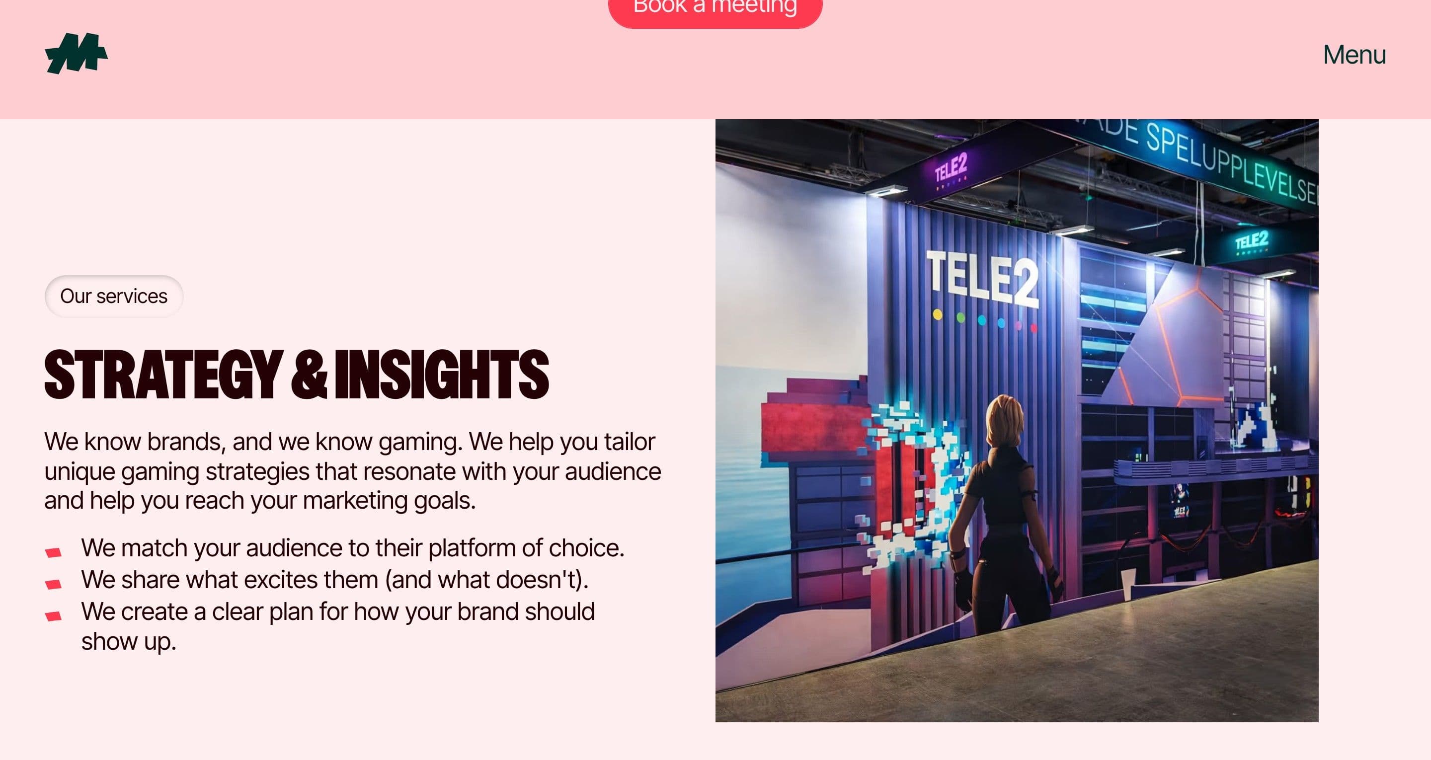 The strategy section on maddox.gg, a player in a Tele2 booth at a gaming event beside the services list