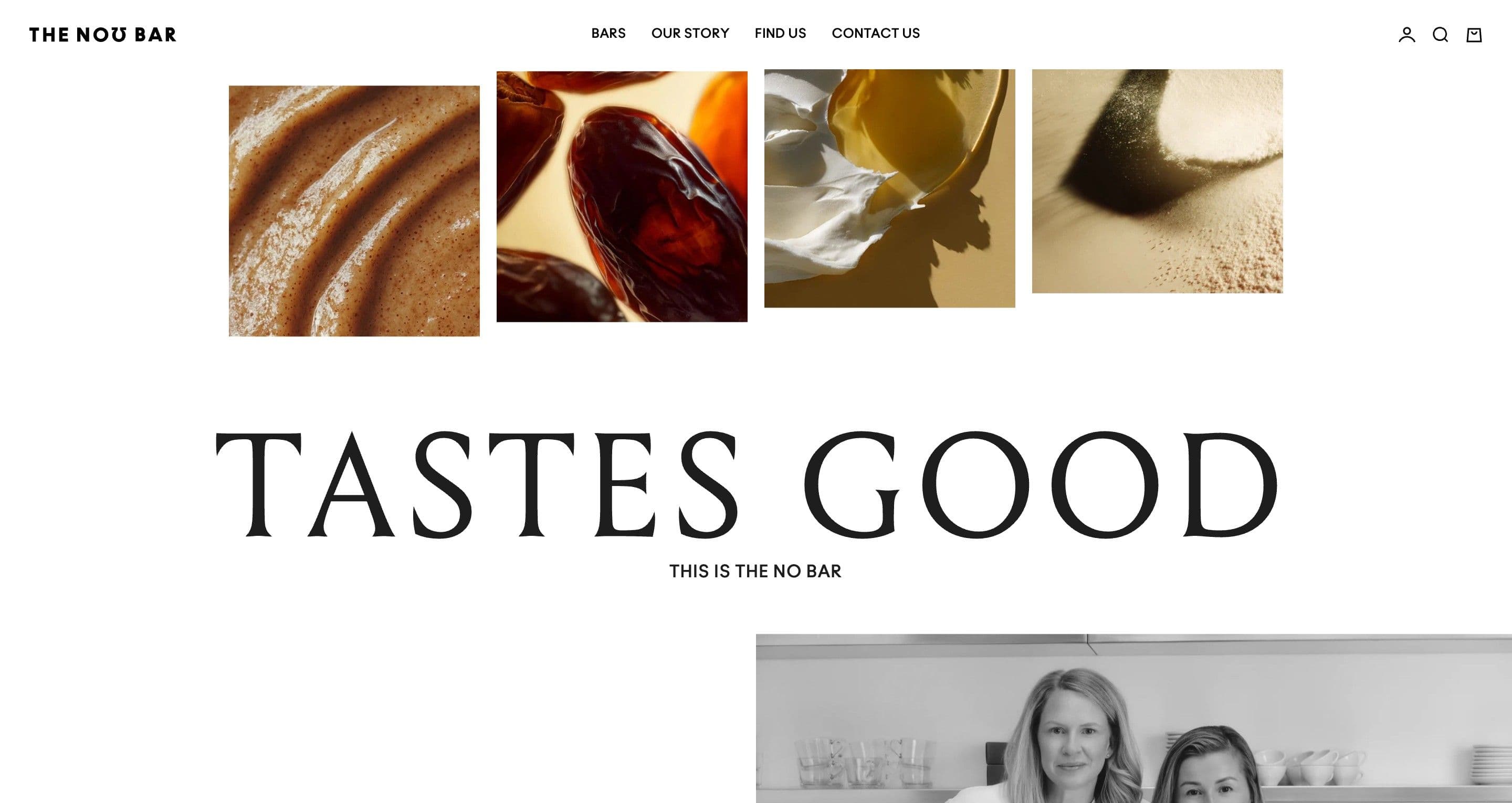 The tastes good section on thenobar.com, close-ups of dates, cacao and oil above a large serif headline