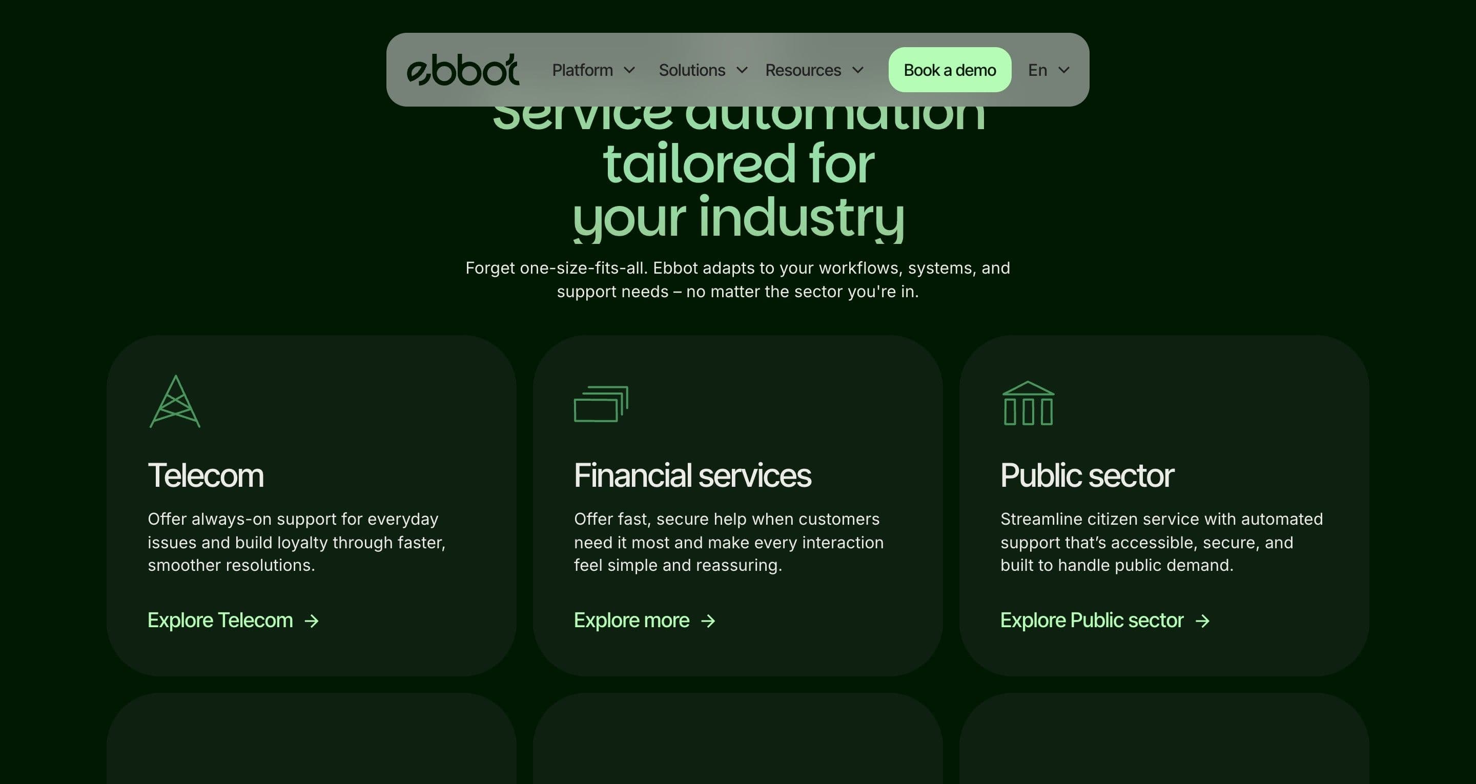The industries section on ebbot.com, dark green cards for telecom, financial services and public sector