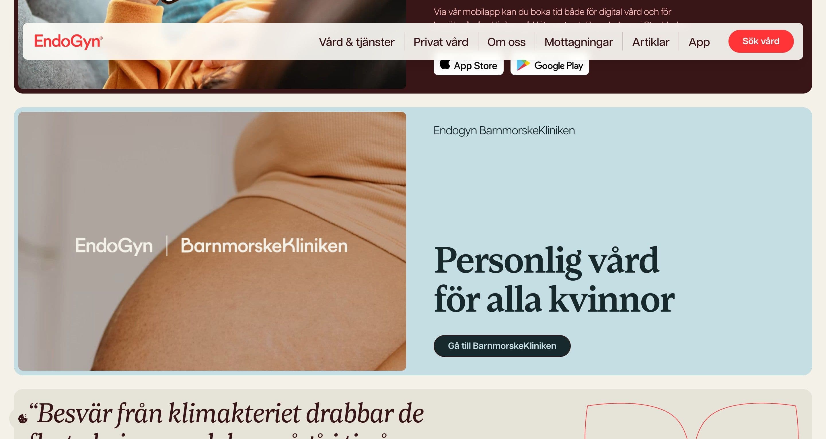 The BarnmorskeKliniken section on endogyn.se, a co-branded photo beside a pale blue panel reading personlig vård för alla kvinnor