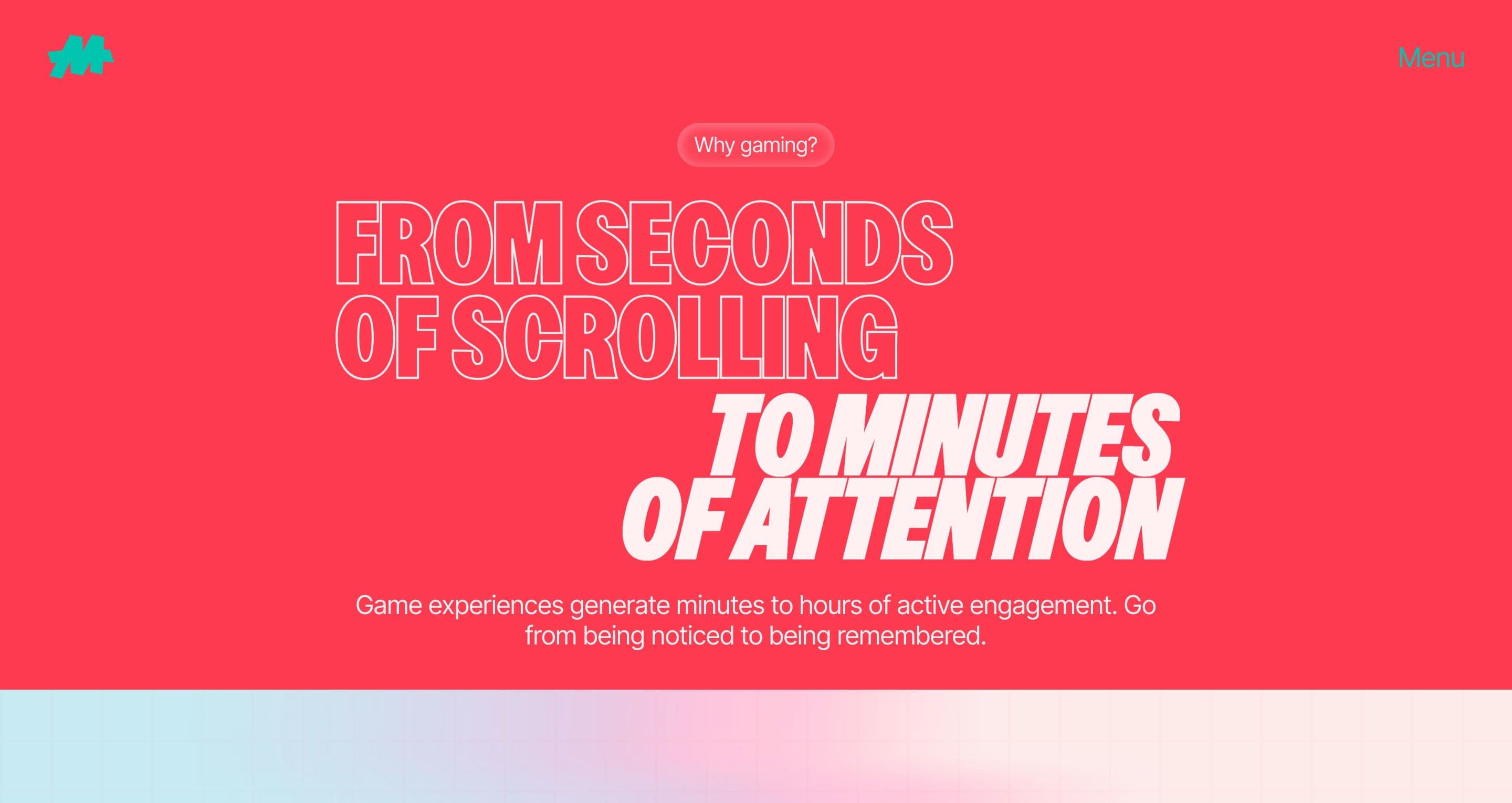The why-gaming section on maddox.gg, an outlined and solid headline about minutes of attention on red