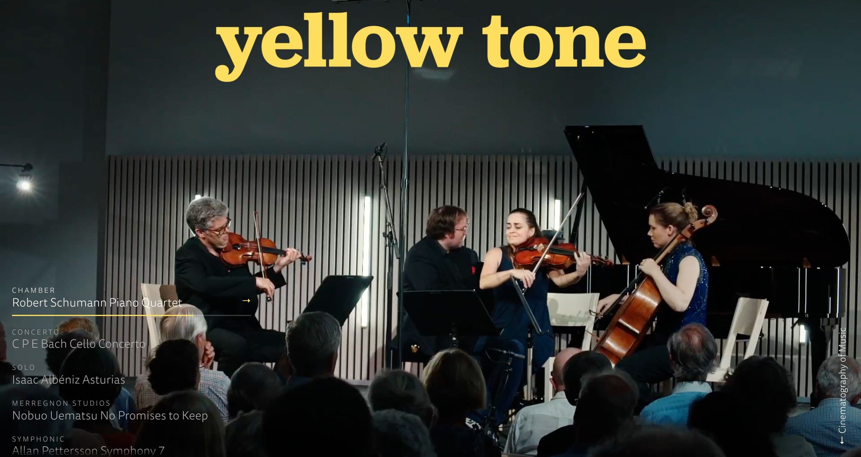 The home page on yellowtone.se, with a piano quartet on stage before an audience behind the concert list