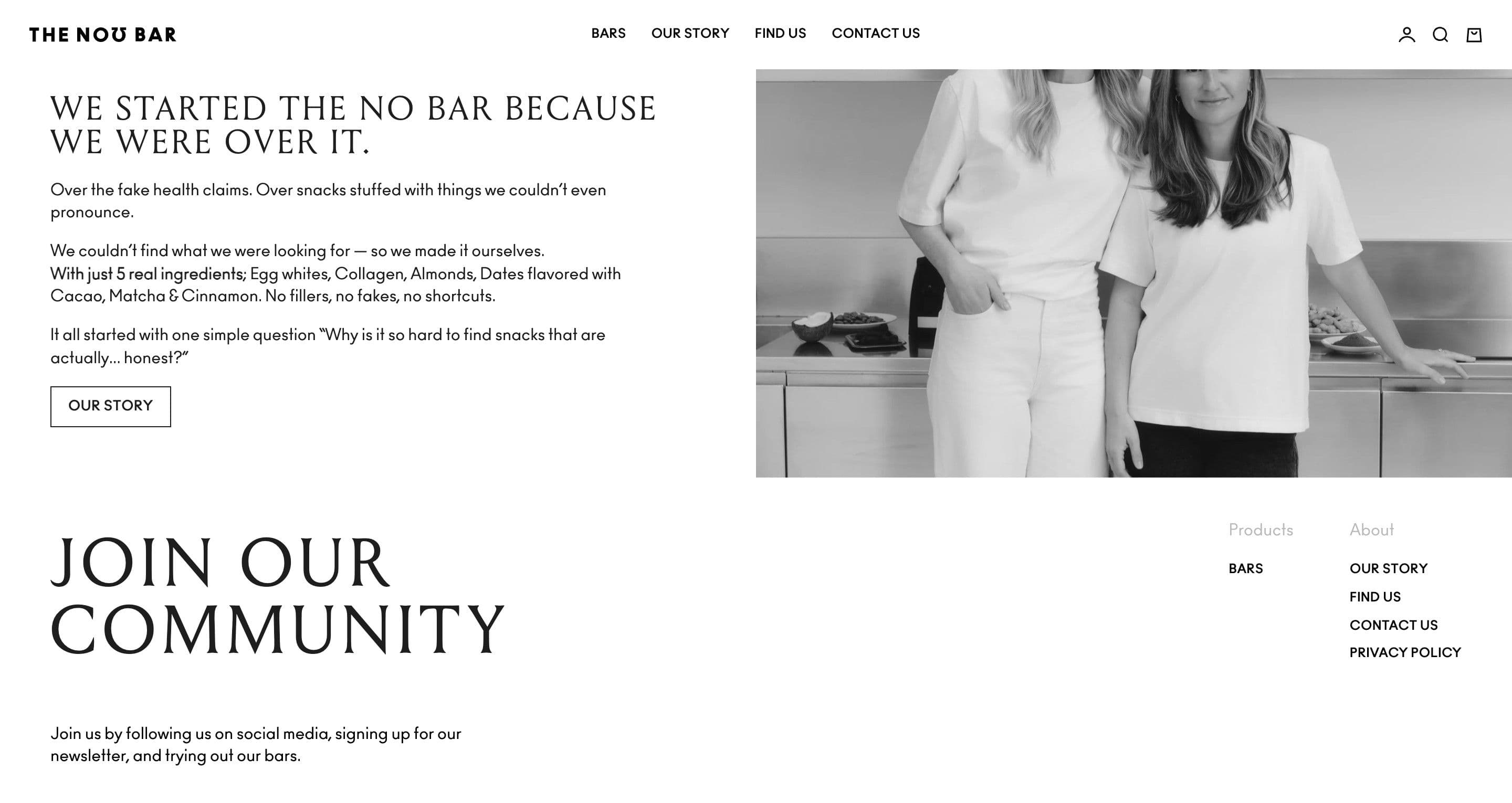 The founders’ story on thenobar.com, a black-and-white photo of the two founders beside the intro text
