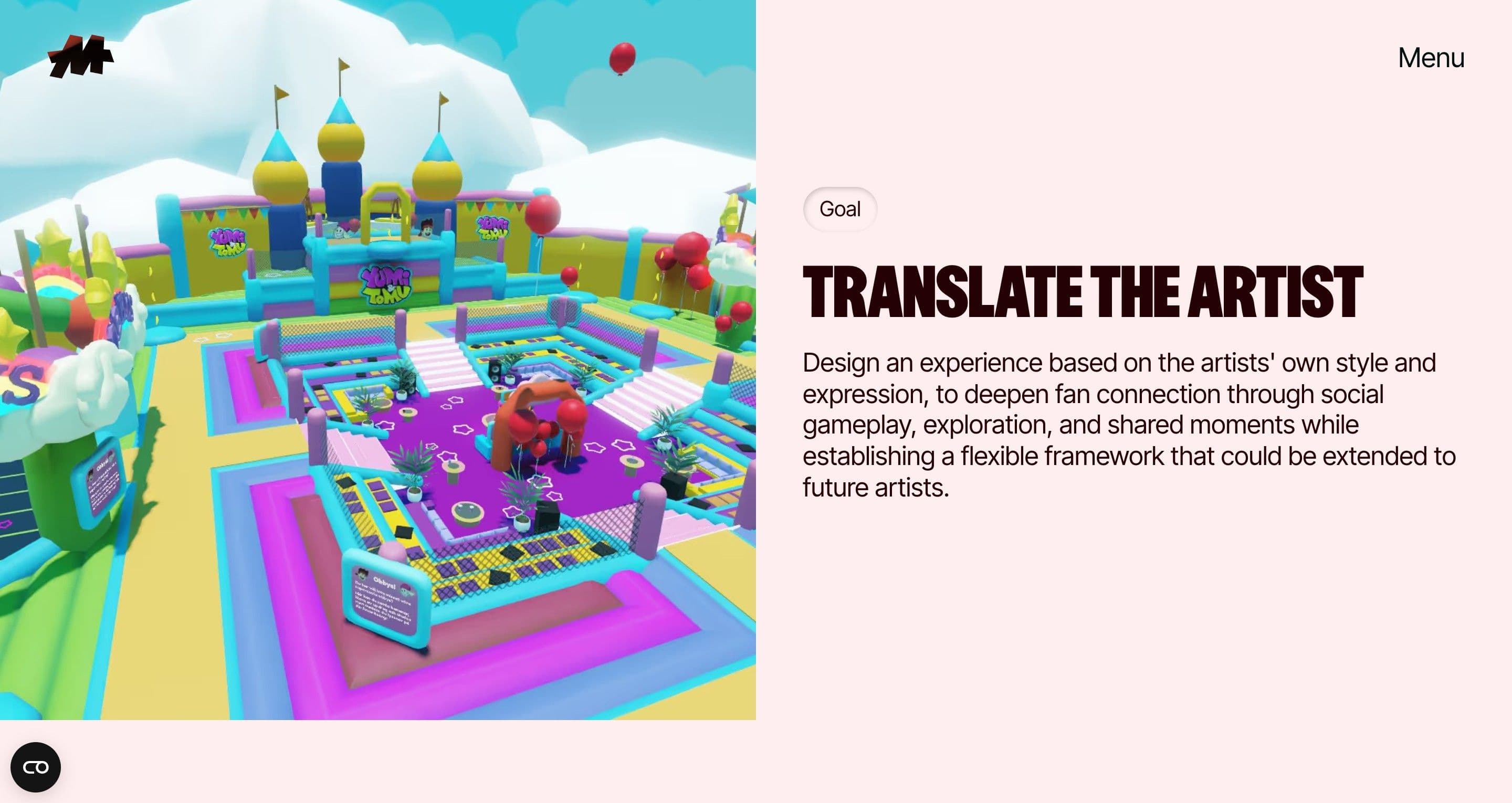 The UMG case on maddox.gg, a candy-coloured Roblox world for Yumi & Tomu