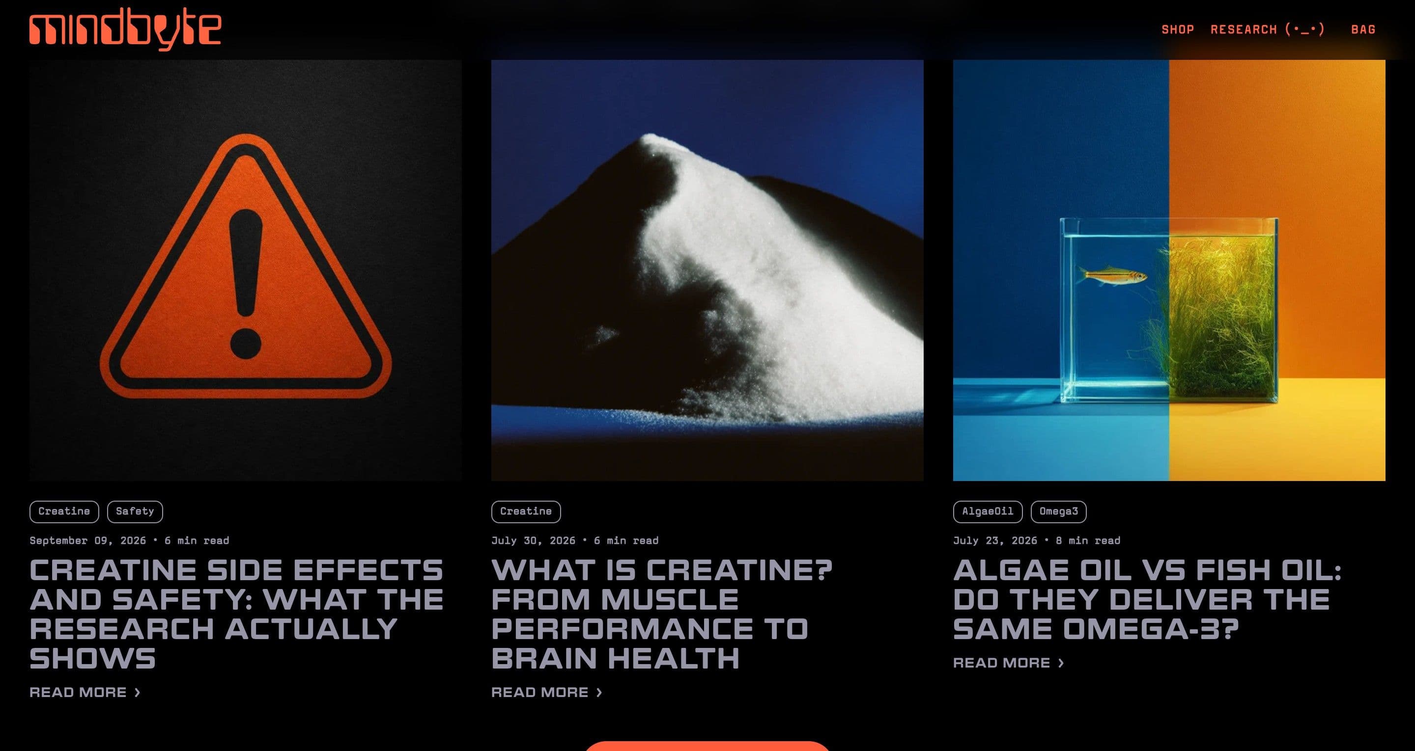 The research section on mindbyte.com, cards with an orange warning sign, a heap of white powder and a fish in an aquarium