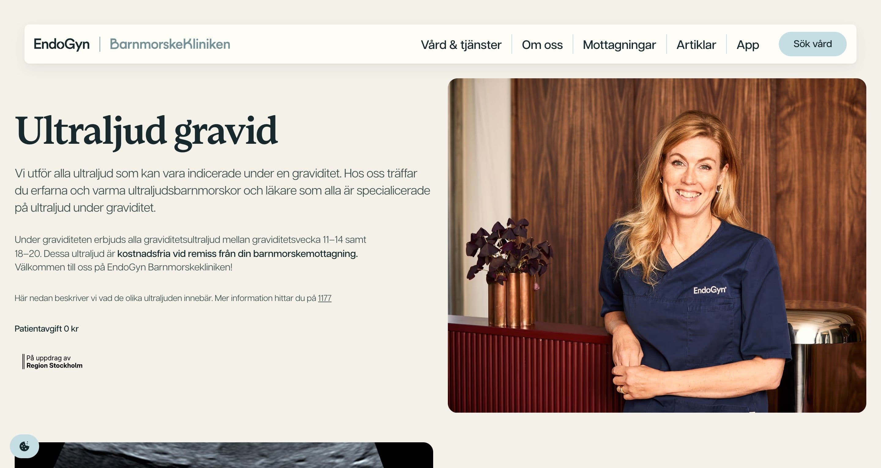 The pregnancy ultrasound page on barnmorskekliniken.se, a smiling midwife in navy scrubs leaning on a burgundy counter