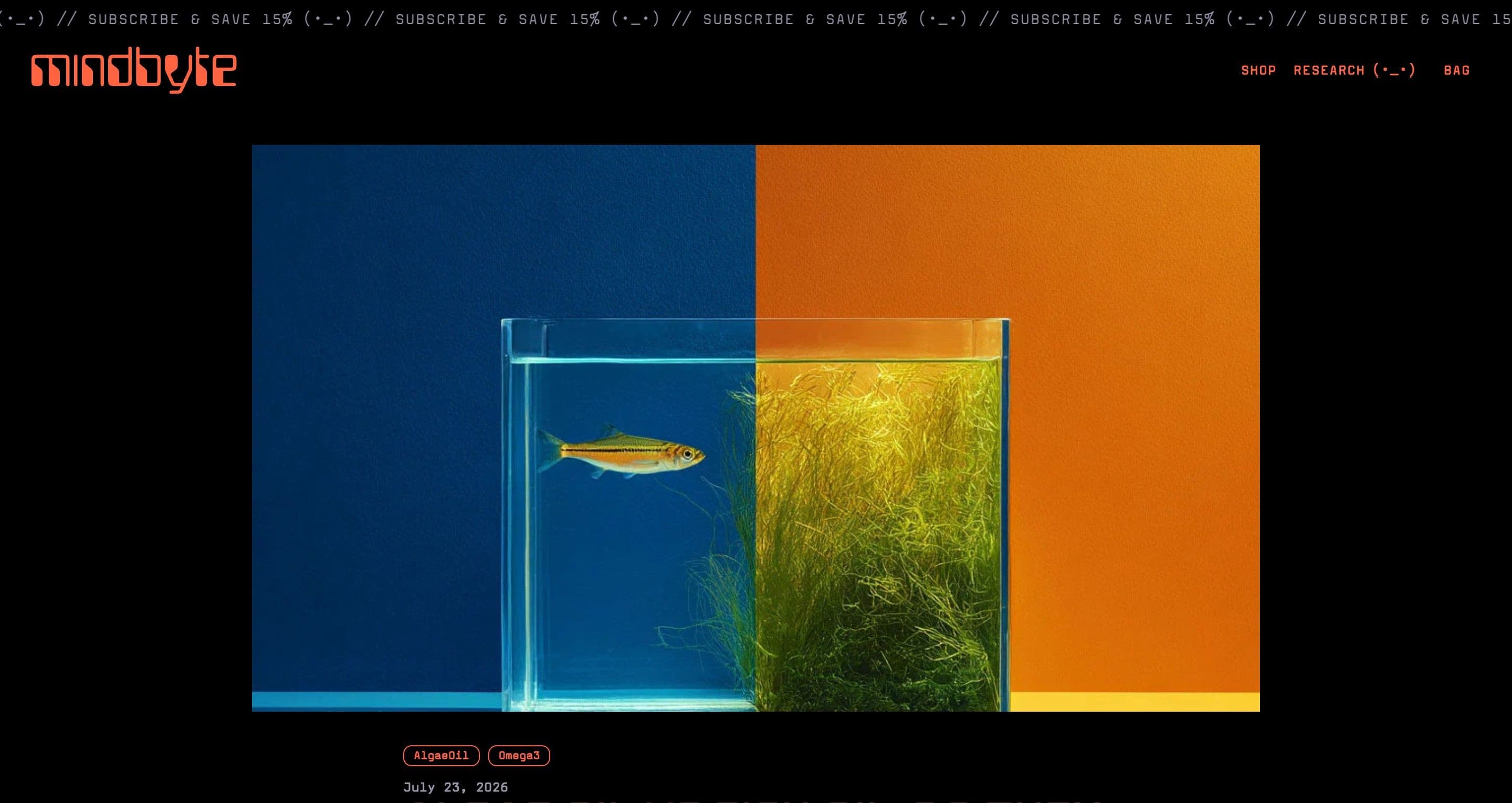A research article on mindbyte.com, a fish in an aquarium split between blue and orange backdrops